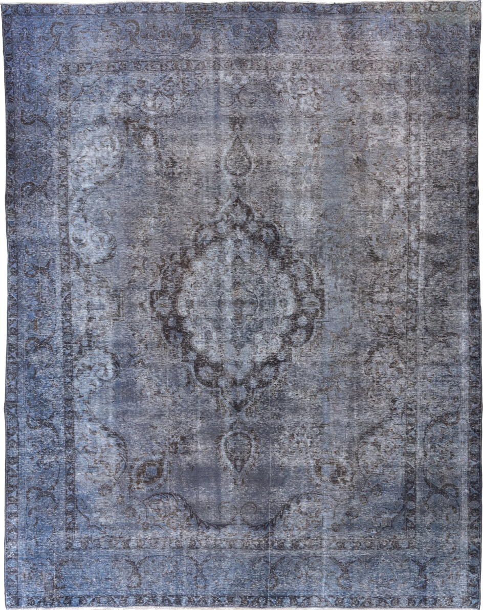 9' x 12' one-of-a-kind handmade vintage Overdyed large size rug. Color palette: black, blue, charcoal, fiord, gray