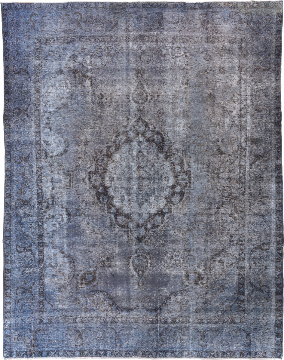 9' x 12' one-of-a-kind handmade antique Overdyed large size rug. Color palette: slate, steel blue, charcoal, ivory, gray