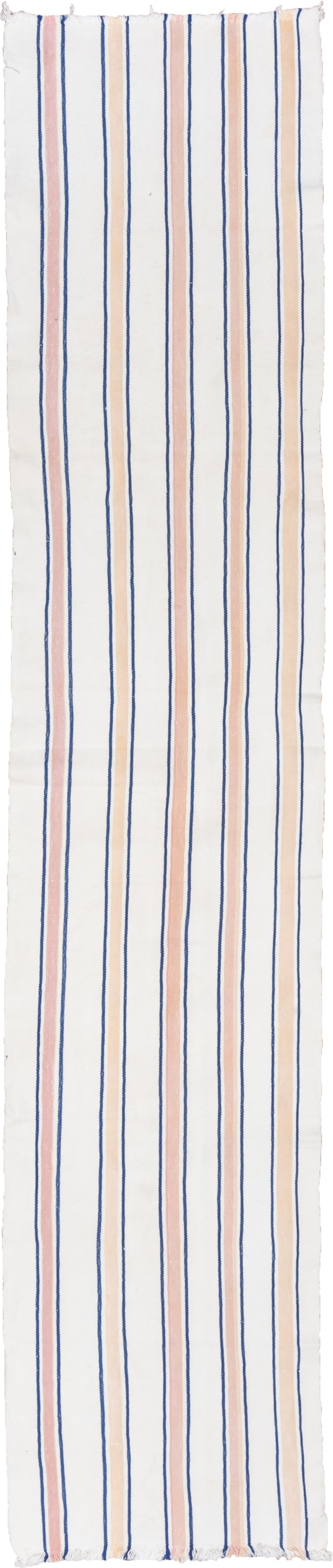 2' x 11' one-of-a-kind handmade antique Flatweave runner rug. Color palette: ivory, blue, rose, pink, red