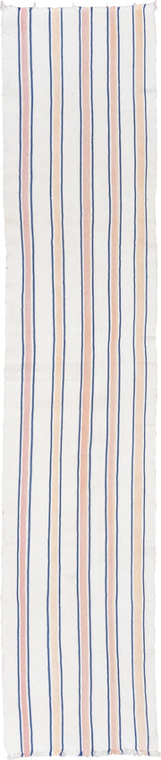 2' x 11' one-of-a-kind handmade antique Flatweave runner rug. Color palette: ivory, blue, rose, pink, red