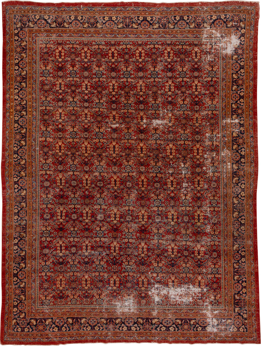 10' x 13' one-of-a-kind handmade vintage Mahal large size rug. Color palette: rust, navy, ivory, terra cotta, camel