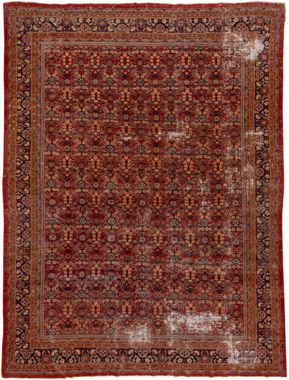 10' x 13' one-of-a-kind handmade vintage Mahal large size rug. Color palette: rust, navy, ivory, terra cotta, camel