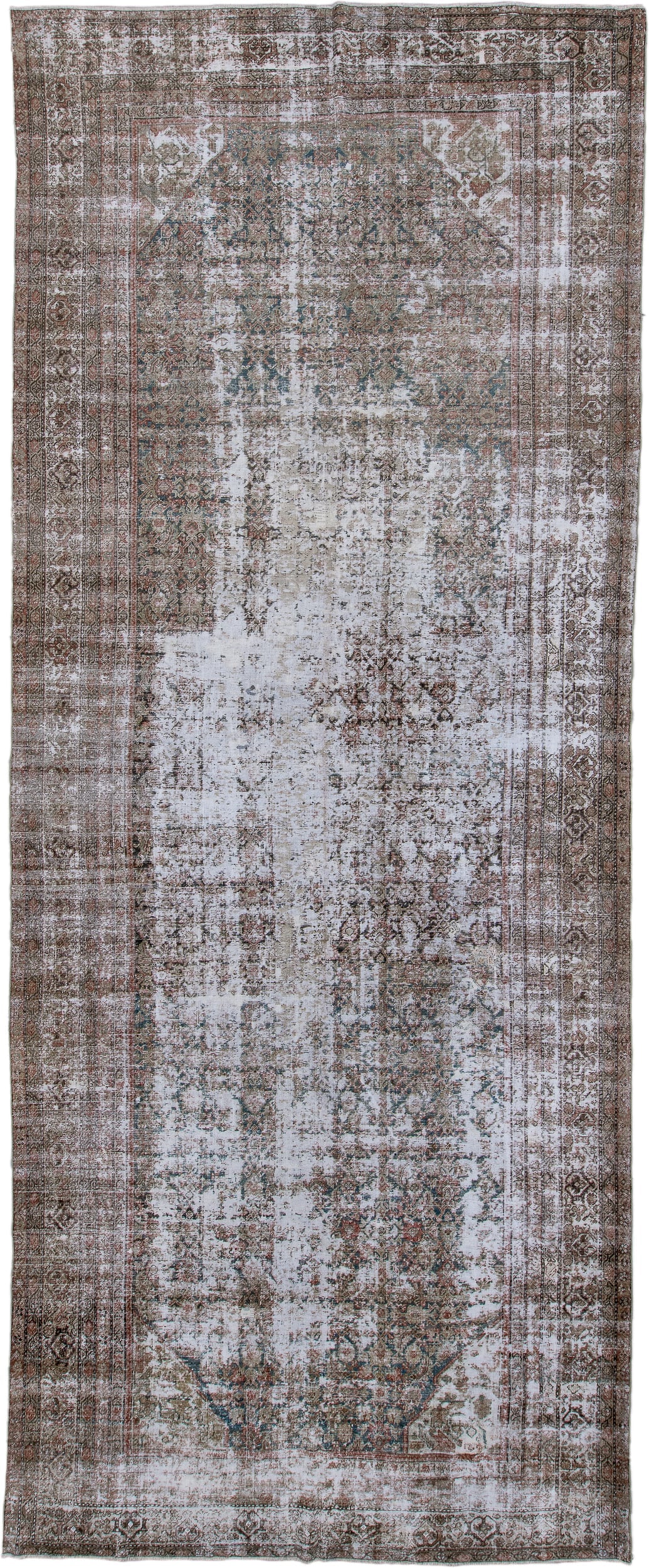 6' x 16' one-of-a-kind handmade antique Mahal rug. Color palette: ivory, taupe, brown, rust, faded blue, beige, gray