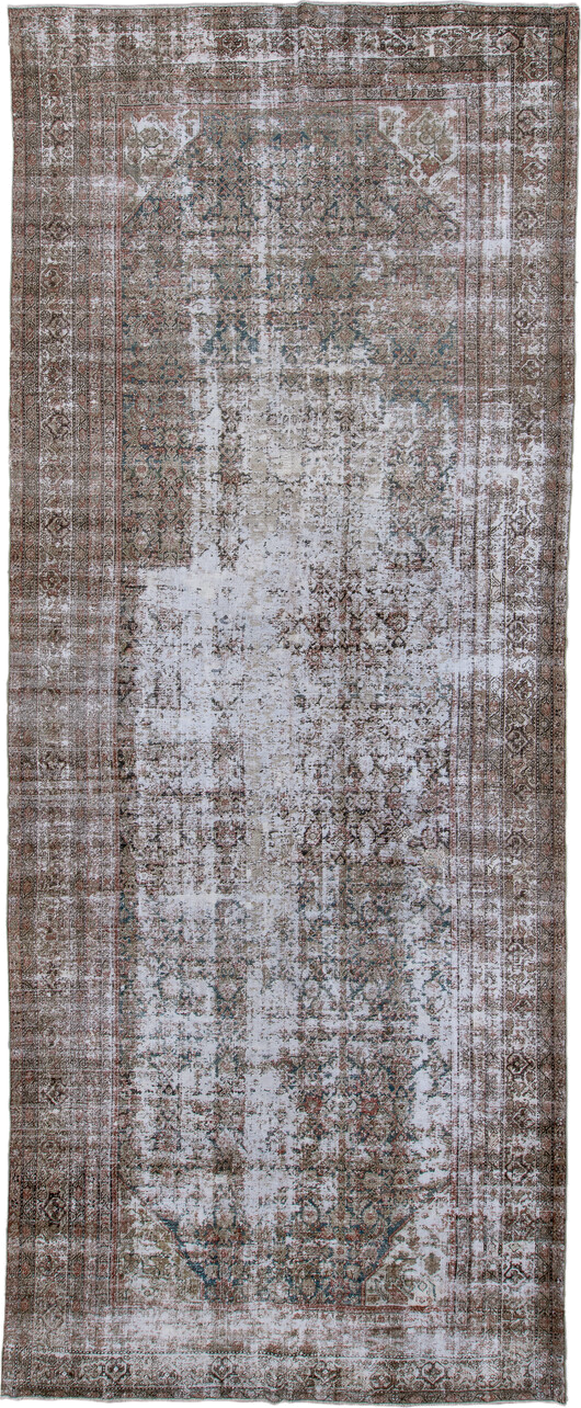 6' x 16' one-of-a-kind handmade antique Mahal rug. Color palette: ivory, taupe, brown, rust, faded blue, beige, gray