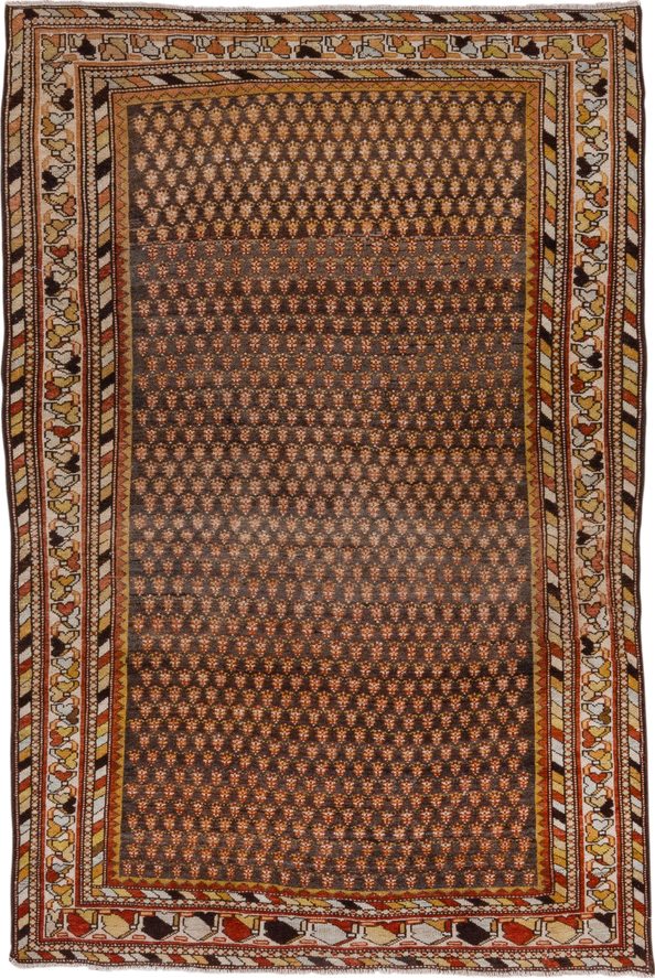 4' x 6' one-of-a-kind handmade antique Malayer small size rug. Color palette: brown, ivory, rust, gold, camel, charcoal