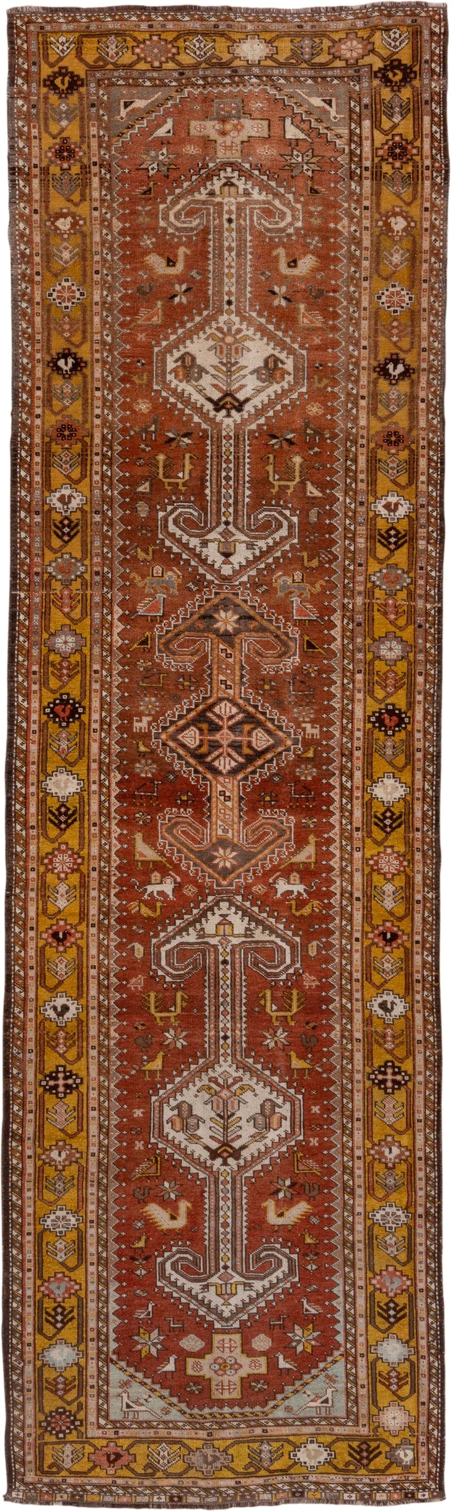 3' x 12' one-of-a-kind handmade antique NW Persian runner rug. Color palette: rust, gold, ivory, brown, camel, charcoal
