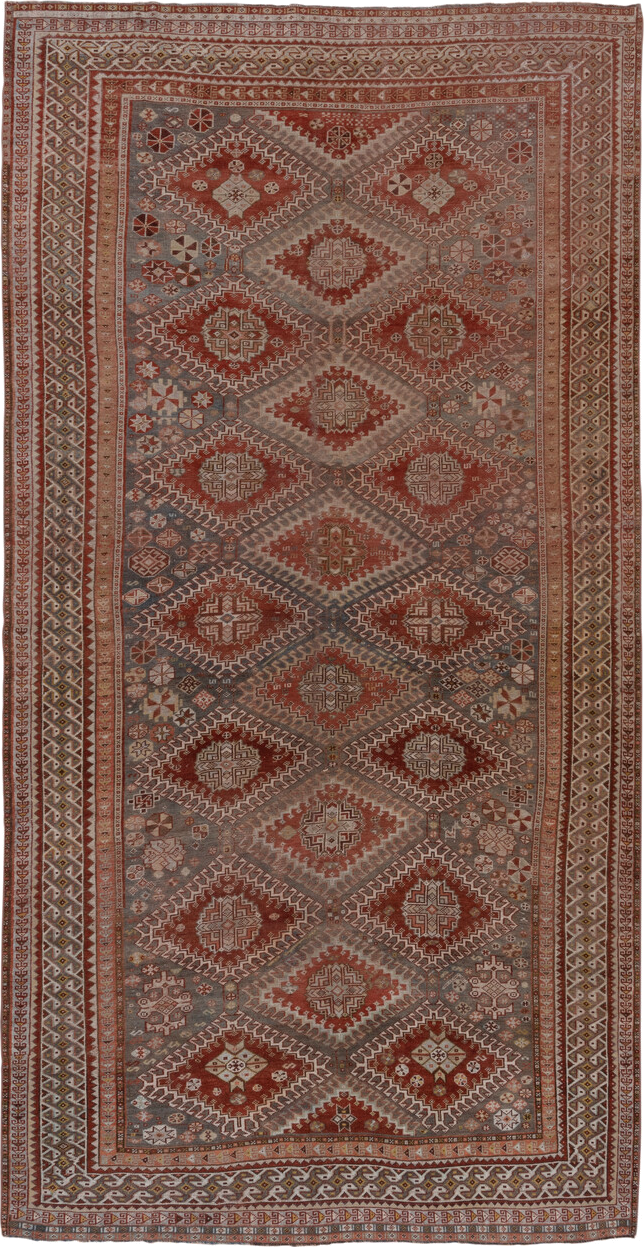 6' x 12' one-of-a-kind handmade antique Shiraz large size rug. Color palette: rust, blue_gray, ivory, taupe, terra_cotta
