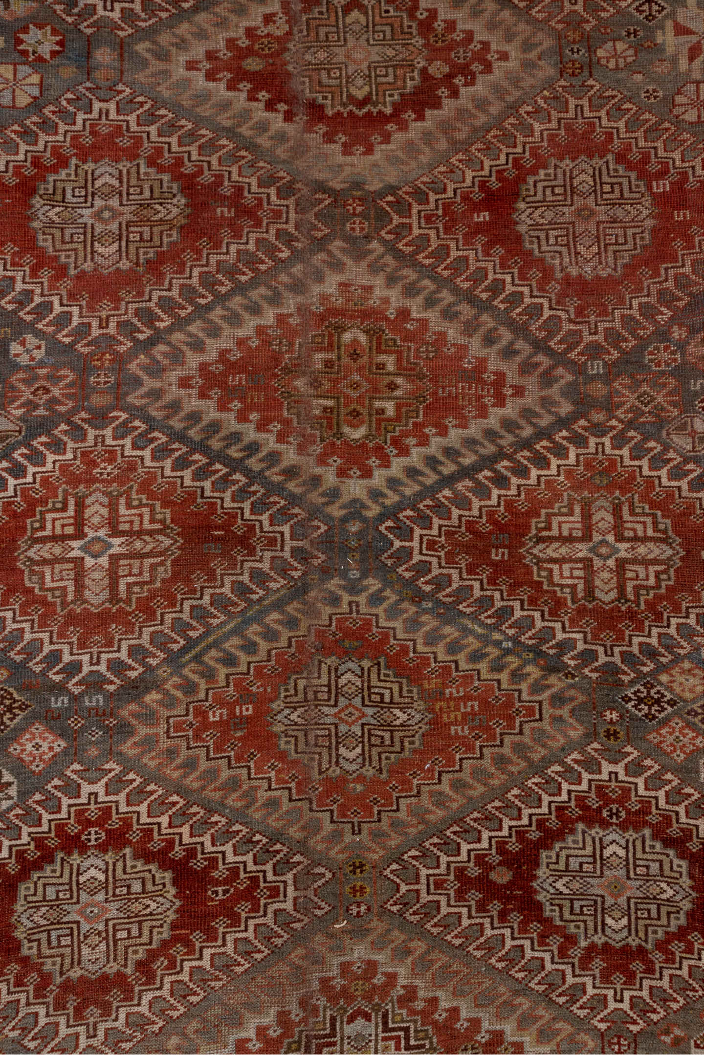 6' x 12' one-of-a-kind handmade antique Shiraz large size rug. Color palette: rust, blue_gray, ivory, taupe, terra_cotta
