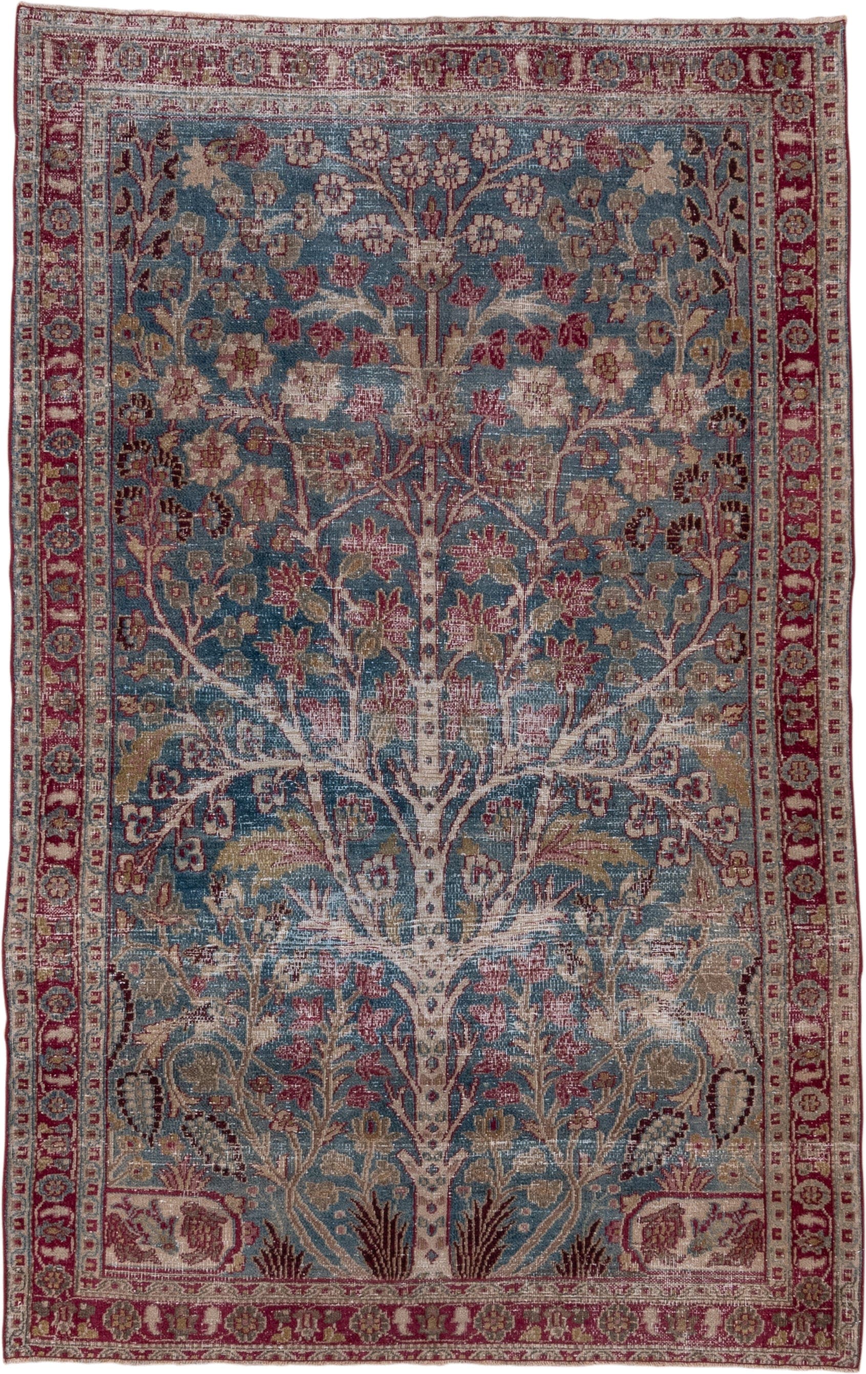4' x 6' one-of-a-kind handmade antique Khorassan small size rug. Color palette: blue, rose, ivory, burgundy, sage, taupe