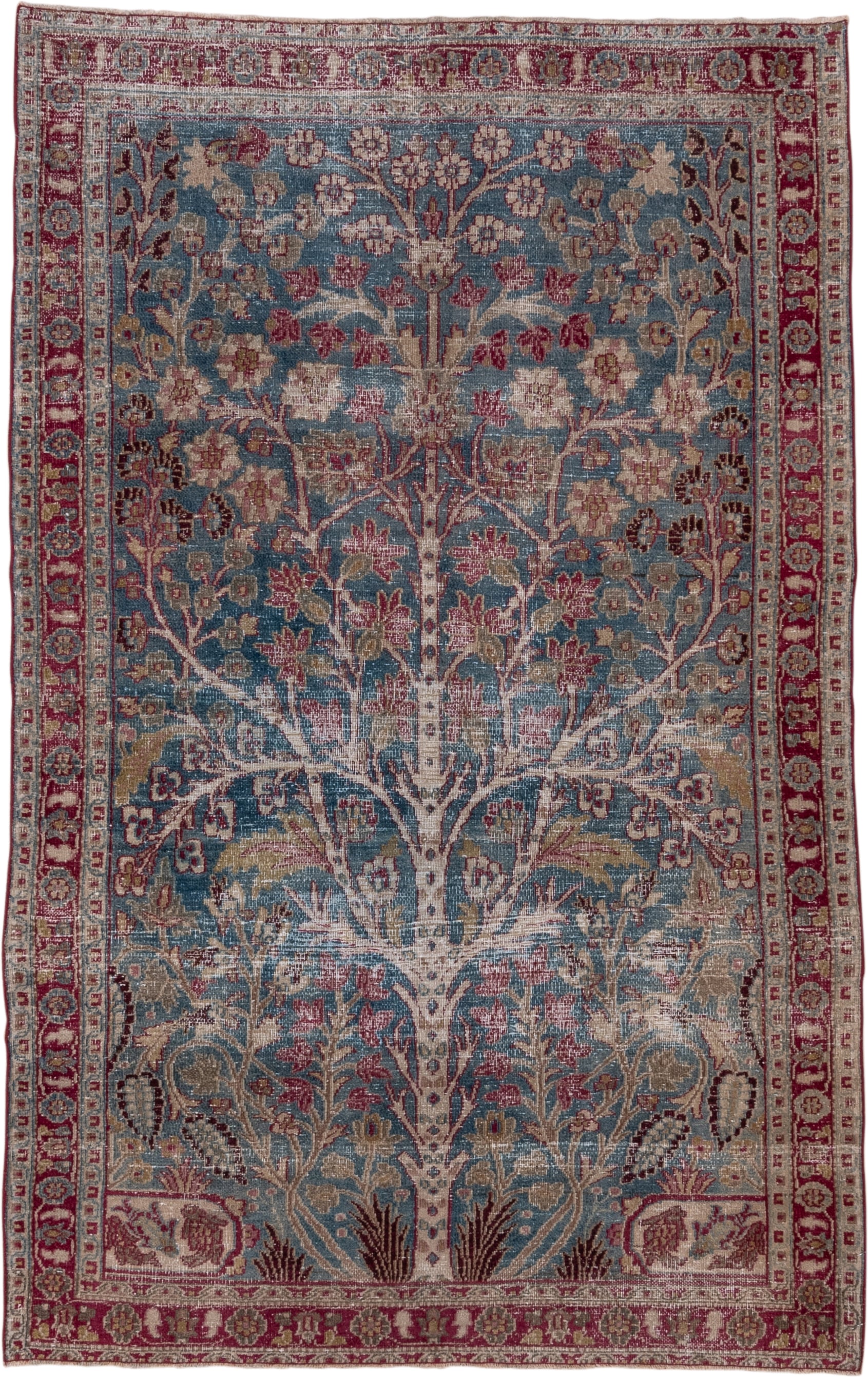 4' x 6' one-of-a-kind handmade antique Khorassan small size rug. Color palette: blue, rose, ivory, burgundy, sage, taupe