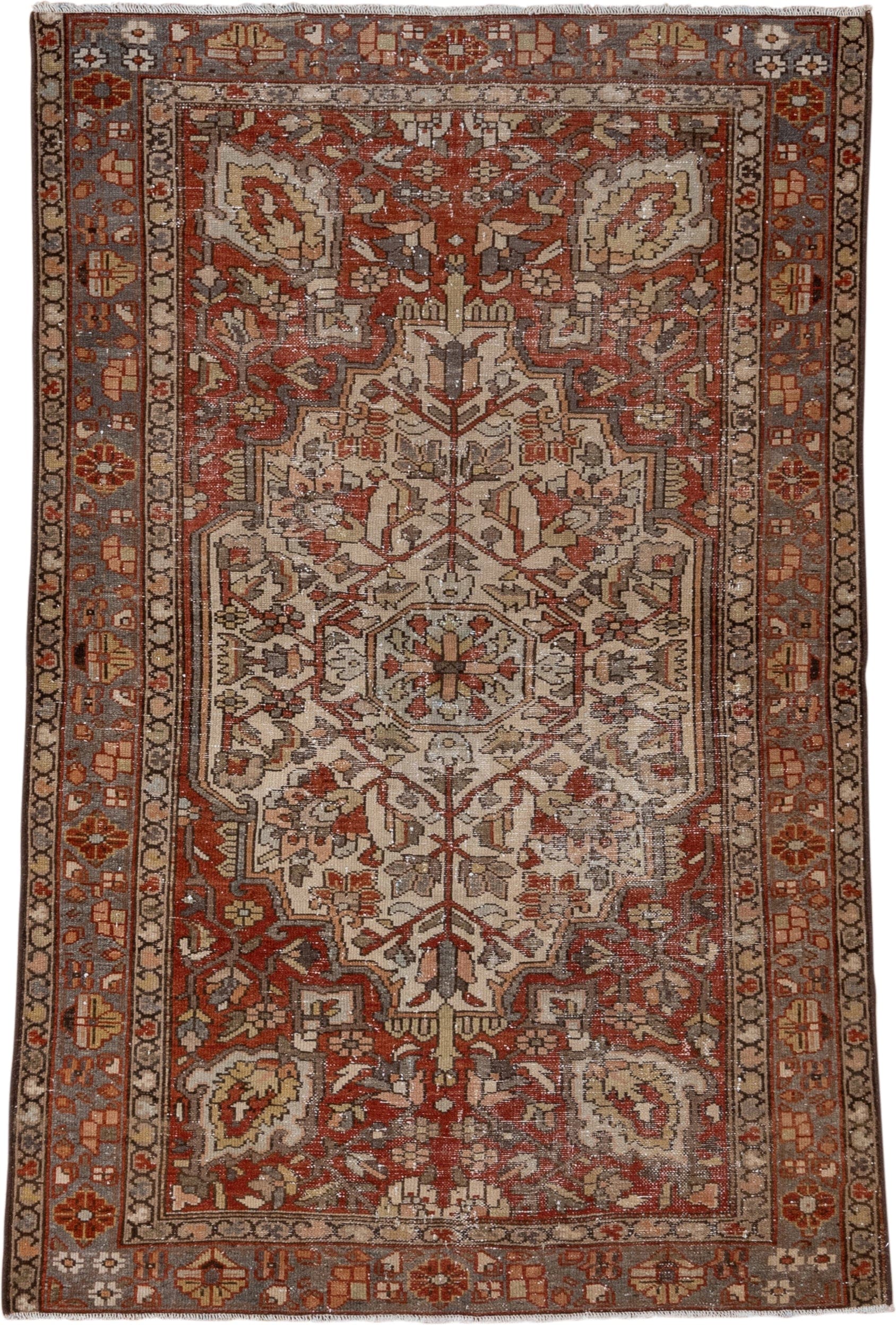 4' x 6' one-of-a-kind handmade antique Baktiary small size rug. Color palette: ivory, rust, slate, taupe, terra cotta, brown