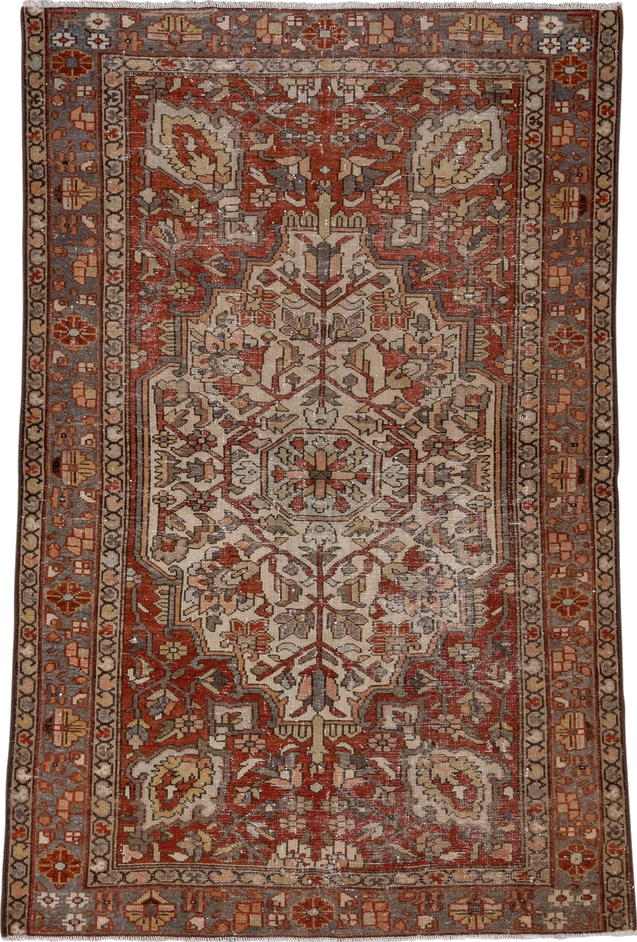 4' x 6' one-of-a-kind handmade vintage Baktiary small size rug. Color palette: brown, gray, light gray, off-white, pink