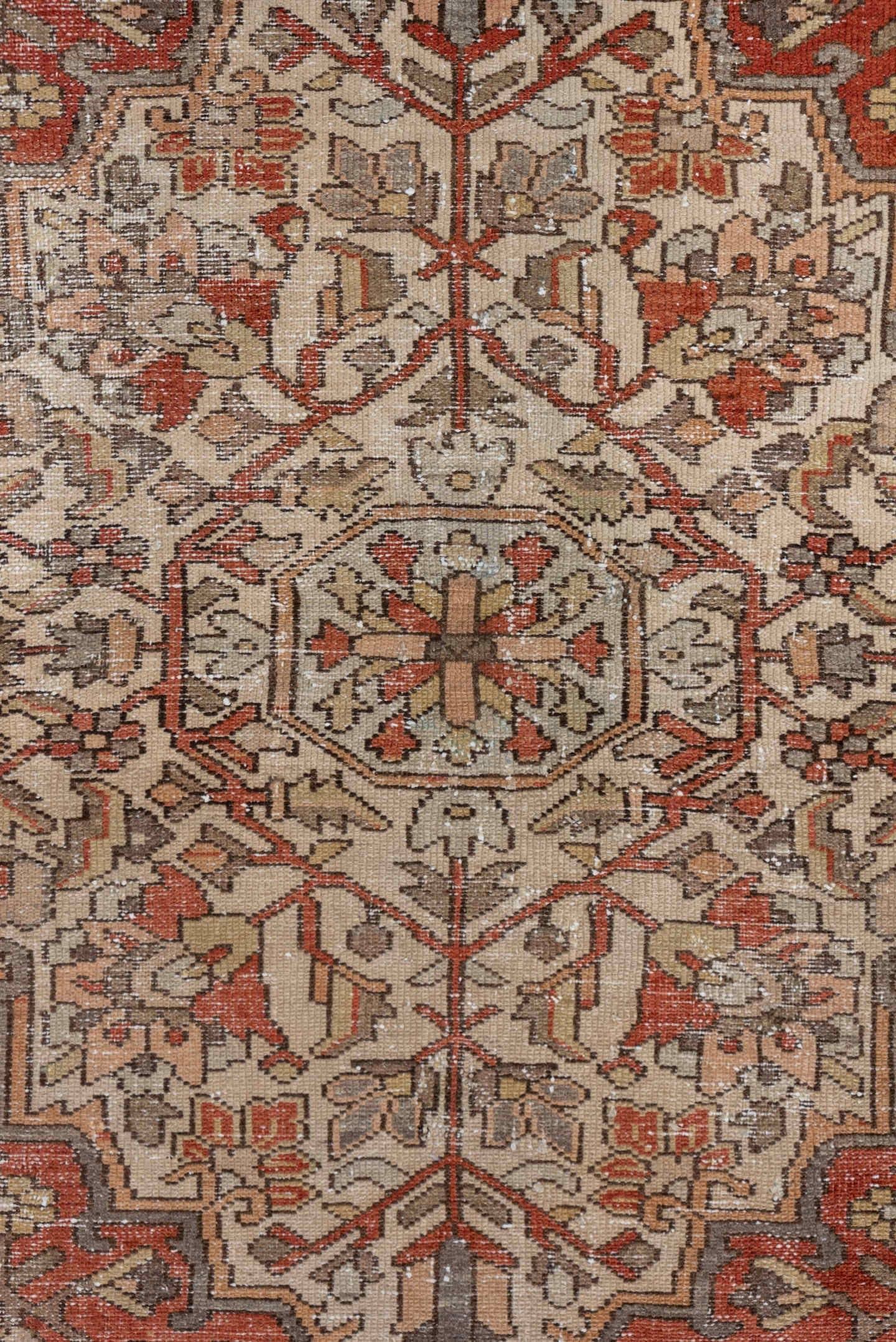 4' x 6' one-of-a-kind handmade antique Baktiary small size rug. Color palette: ivory, rust, slate, taupe, terra cotta, brown