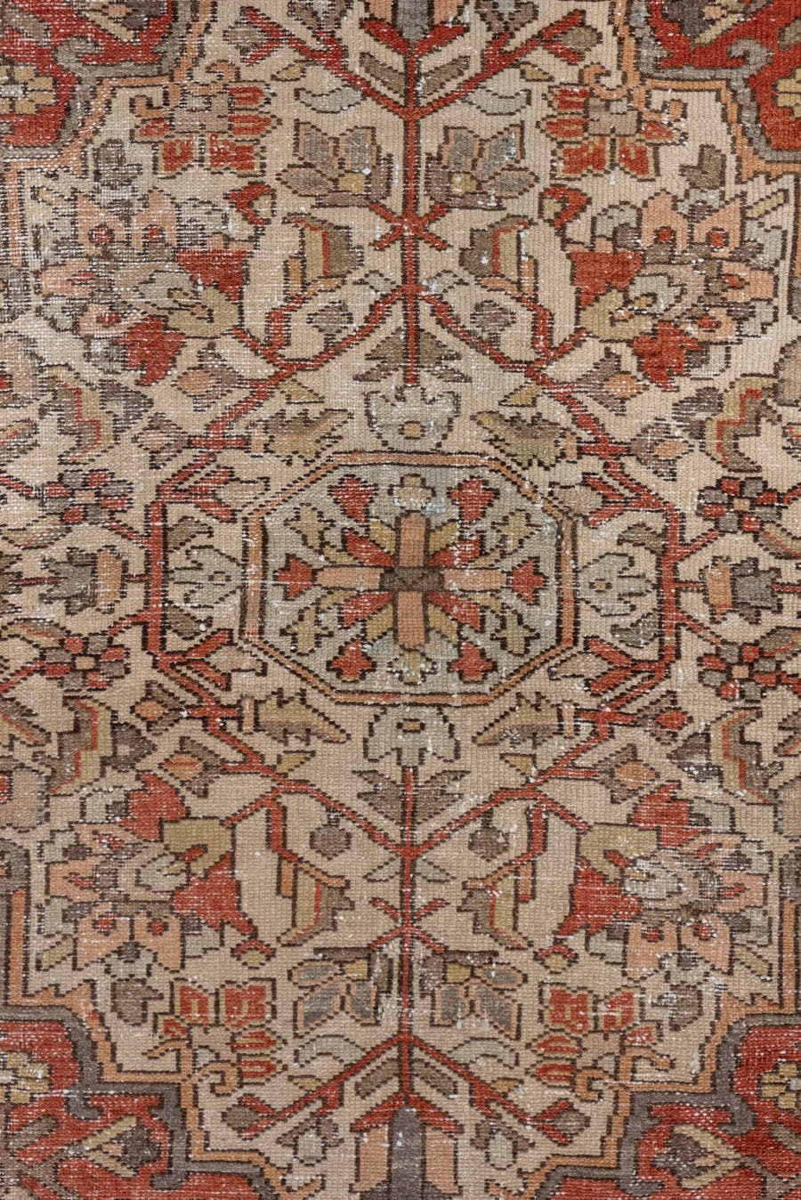 4' x 6' one-of-a-kind handmade antique Baktiary small size rug. Color palette: ivory, rust, slate, taupe, terra cotta, brown