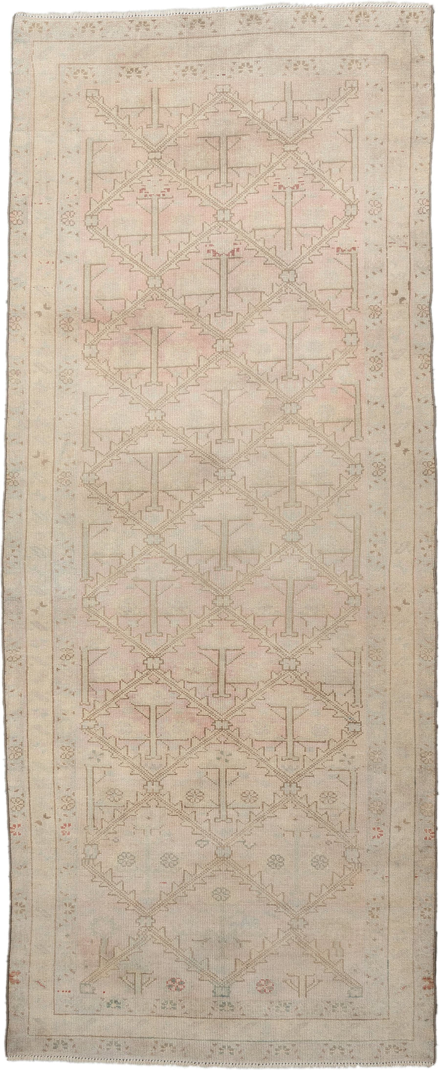 3' x 9' one-of-a-kind handmade antique Anatolian runner rug. Color palette: ivory, blush, taupe, sage, terracotta, camel