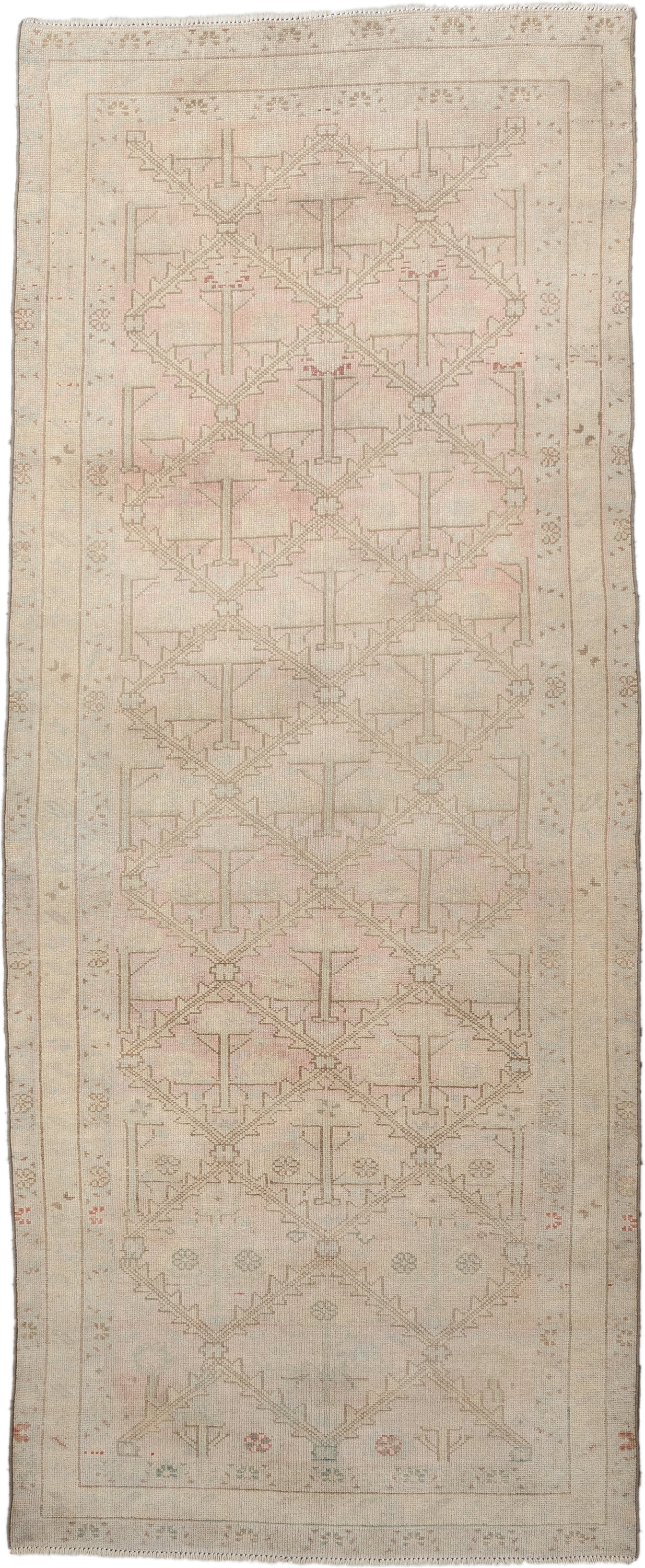 3' x 9' one-of-a-kind handmade antique Anatolian runner rug. Color palette: ivory, blush, taupe, sage, terracotta, camel