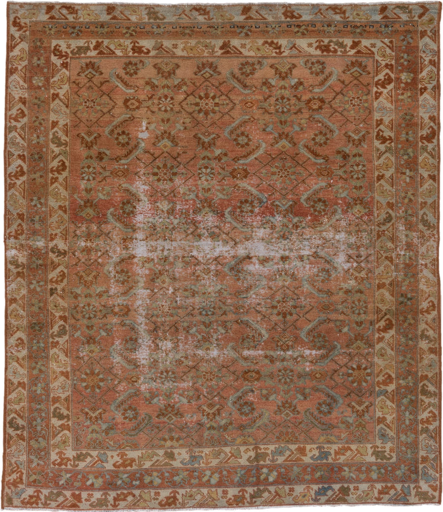 5' x 6' one-of-a-kind handmade antique Malayer rug. Color palette: terra cotta, rust, ivory, sage, camel, brown, pale blue