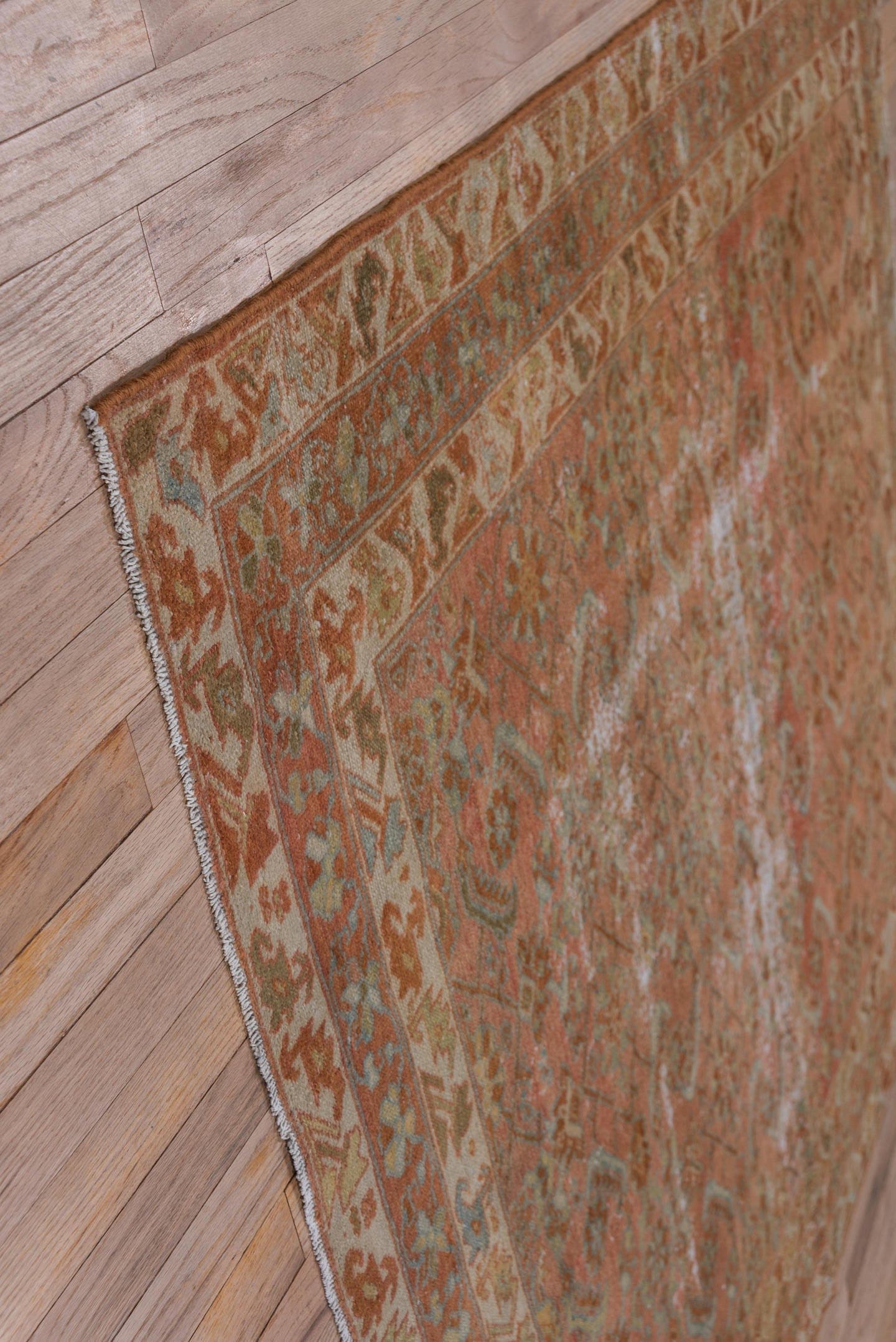 5' x 6' one-of-a-kind handmade antique Malayer rug. Color palette: terra cotta, rust, ivory, sage, camel, brown, pale blue
