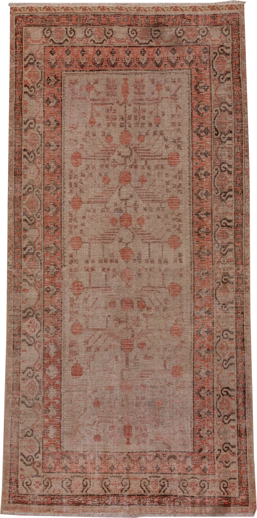 5' x 11' one-of-a-kind handmade antique Khotan rug. Color palette: ivory, terra cotta, taupe, charcoal, rose, camel