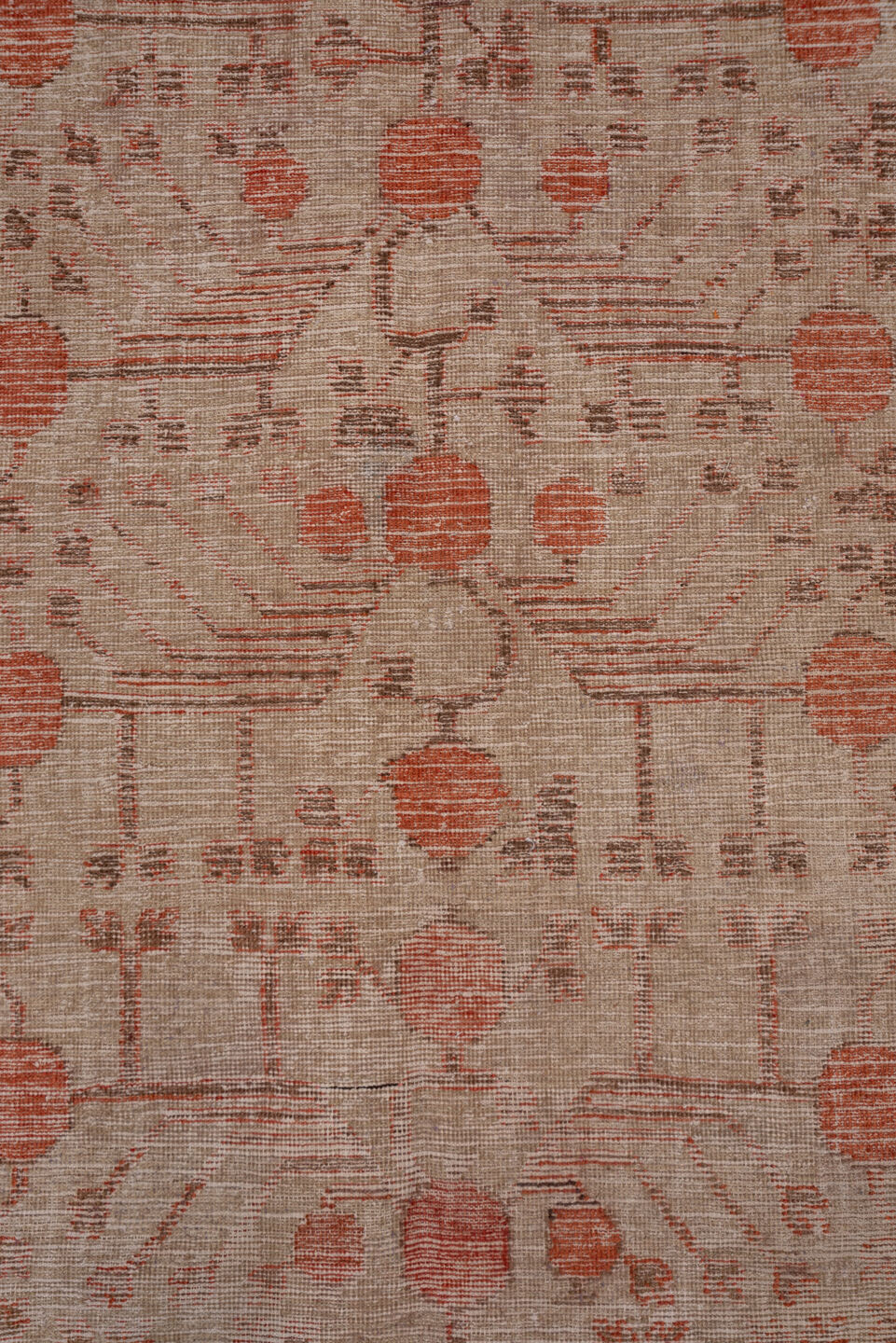 5' x 11' one-of-a-kind handmade antique Khotan rug. Color palette: ivory, terra cotta, taupe, charcoal, rose, camel