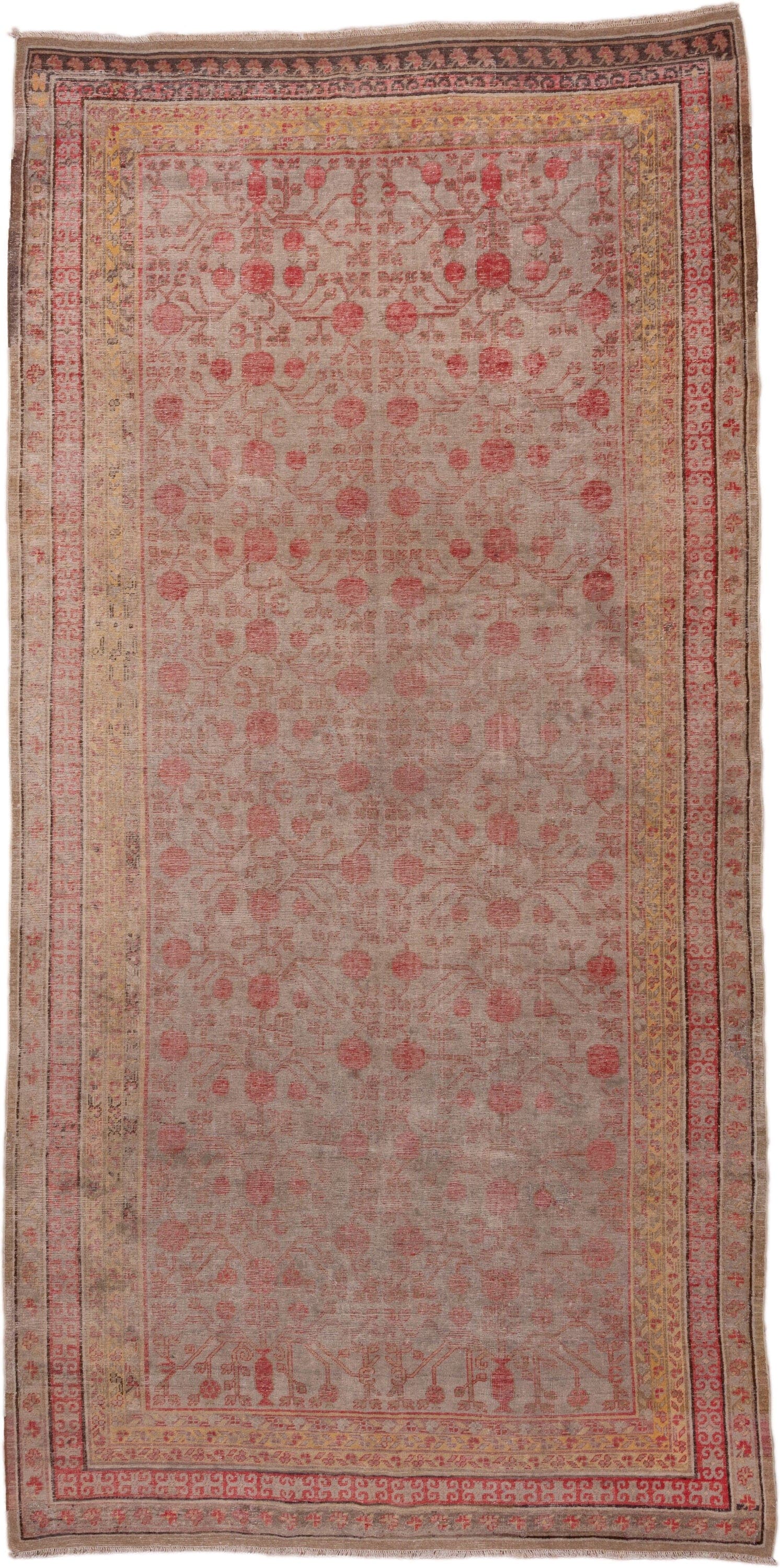 6' x 13' one-of-a-kind handmade antique Khotan large size rug. Color palette: taupe, rose, coral, camel, ivory, sienna