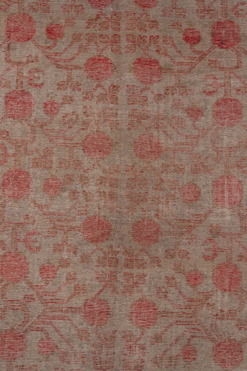 6' x 13' one-of-a-kind handmade antique Khotan large size rug. Color palette: taupe, rose, coral, camel, ivory, sienna