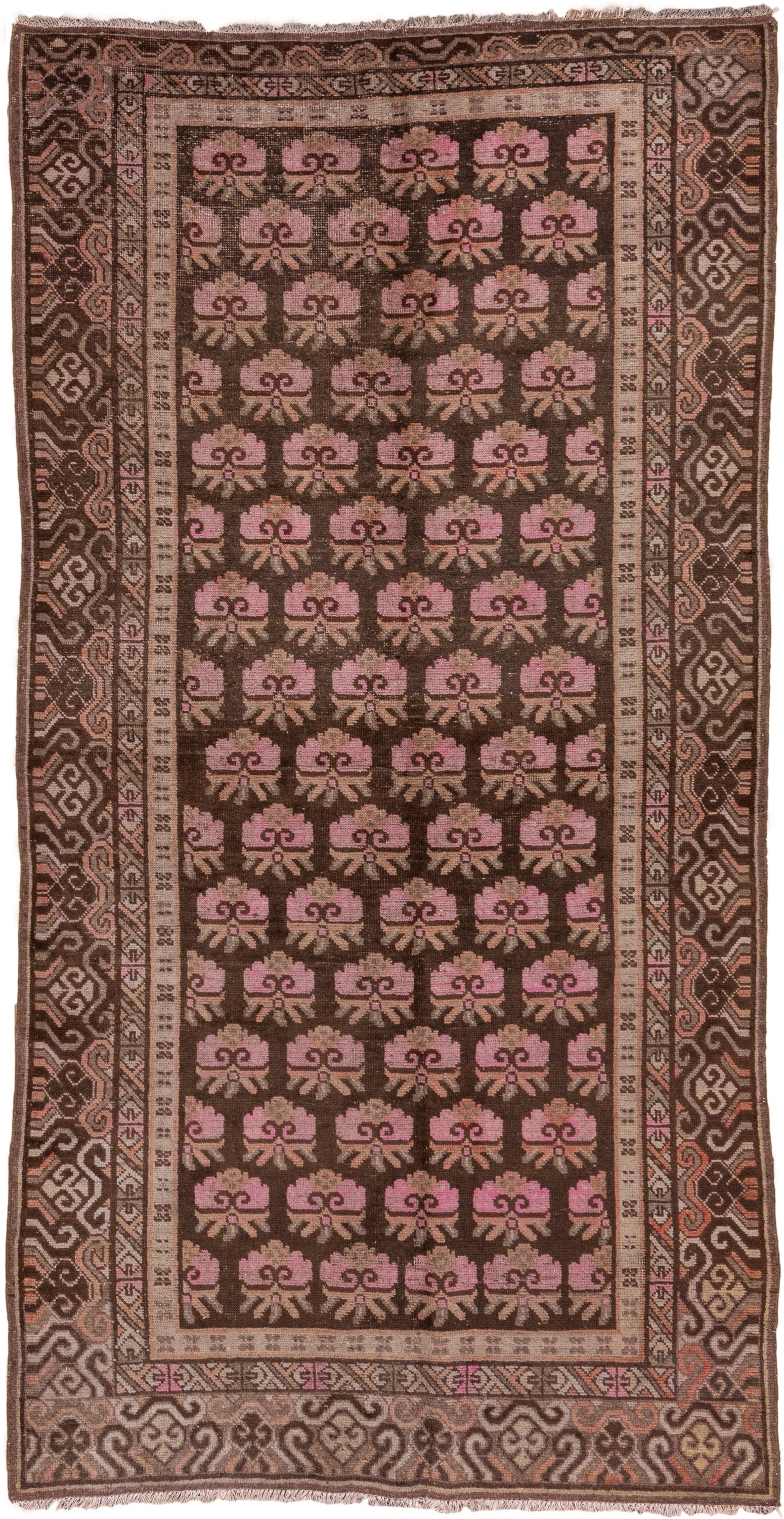 4' x 9' one-of-a-kind handmade vintage Khotan rug. Color palette: brown, rose, taupe, ivory, dusty pink, charcoal, camel