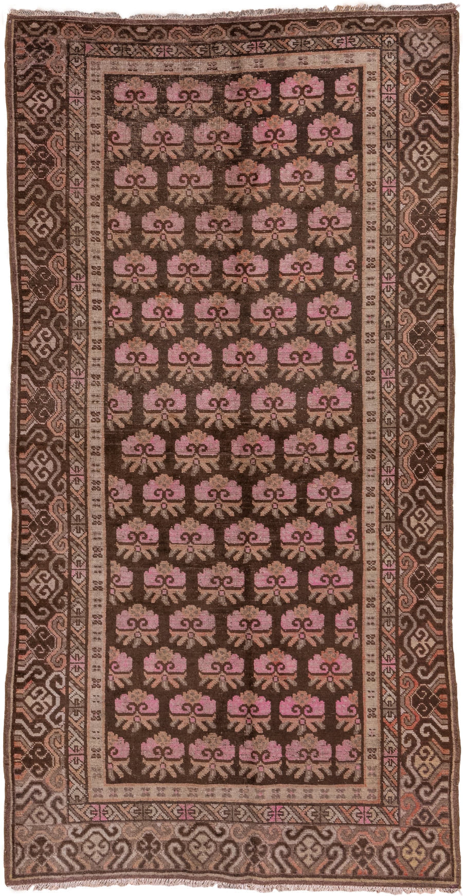 4' x 9' one-of-a-kind handmade vintage Khotan rug. Color palette: brown, rose, taupe, ivory, dusty pink, charcoal, camel