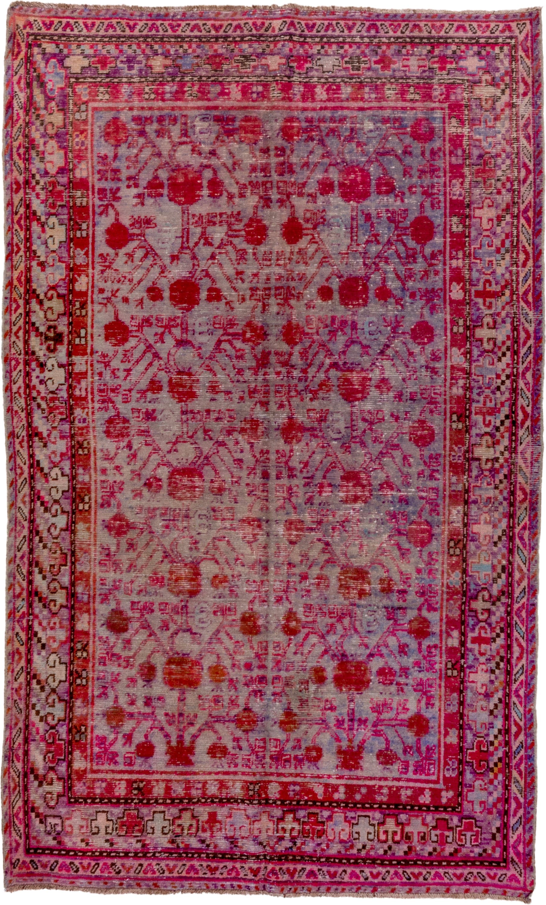 5' x 9' one-of-a-kind handmade antique Khotan medium size rug. Color palette: pink, rose, crimson, ivory, lavender, burgundy