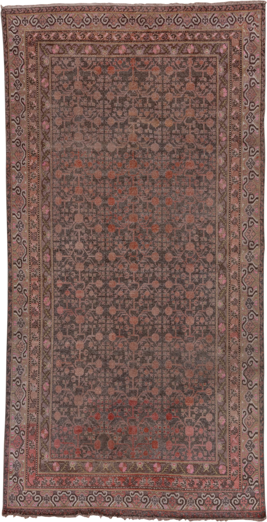 6' x 12' one-of-a-kind handmade antique Khotan large size rug. Color palette: taupe, rose, charcoal, dusty pink, rust, mauve