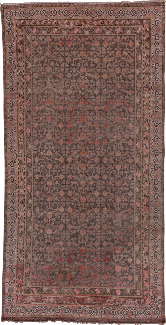 6' x 12' one-of-a-kind handmade antique Khotan large size rug. Color palette: taupe, rose, charcoal, dusty pink, rust, mauve