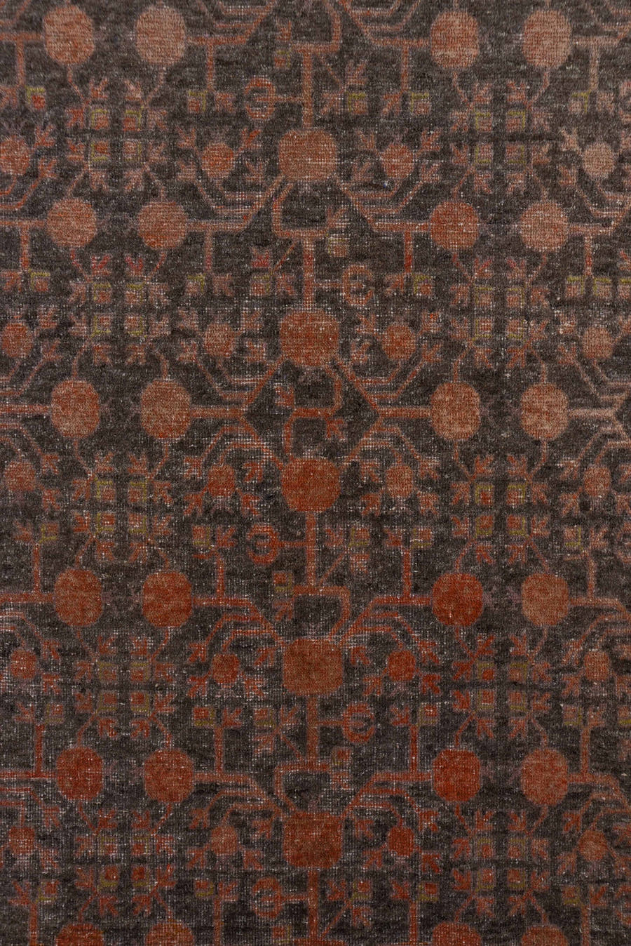 6' x 12' one-of-a-kind handmade antique Khotan large size rug. Color palette: taupe, rose, charcoal, dusty pink, rust, mauve