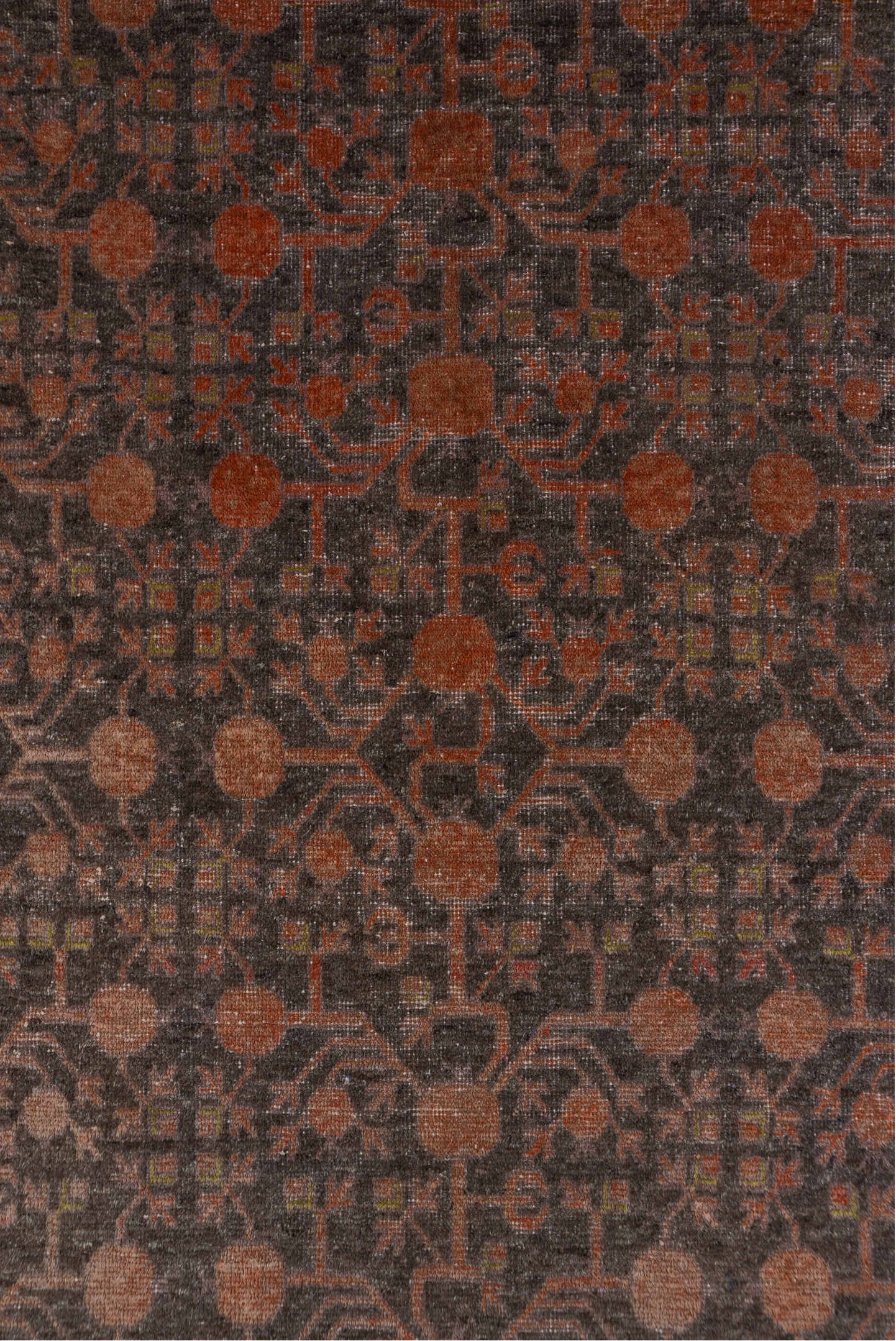 6' x 12' one-of-a-kind handmade antique Khotan large size rug. Color palette: taupe, rose, charcoal, dusty pink, rust, mauve