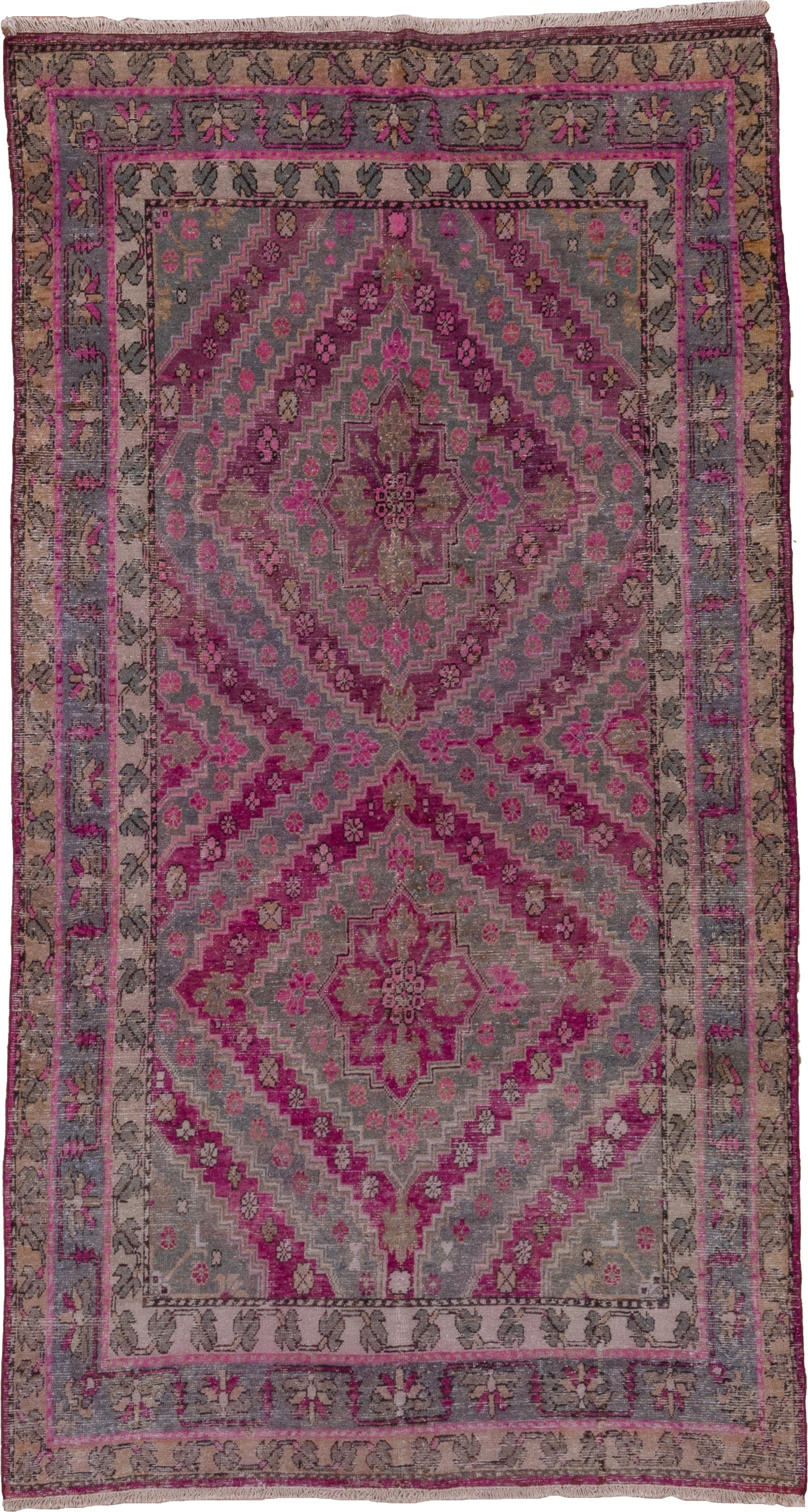 4' x 8' one-of-a-kind handmade antique Khotan rug. Color palette: gray, rose, magenta, taupe, mauve, charcoal, ivory, pink