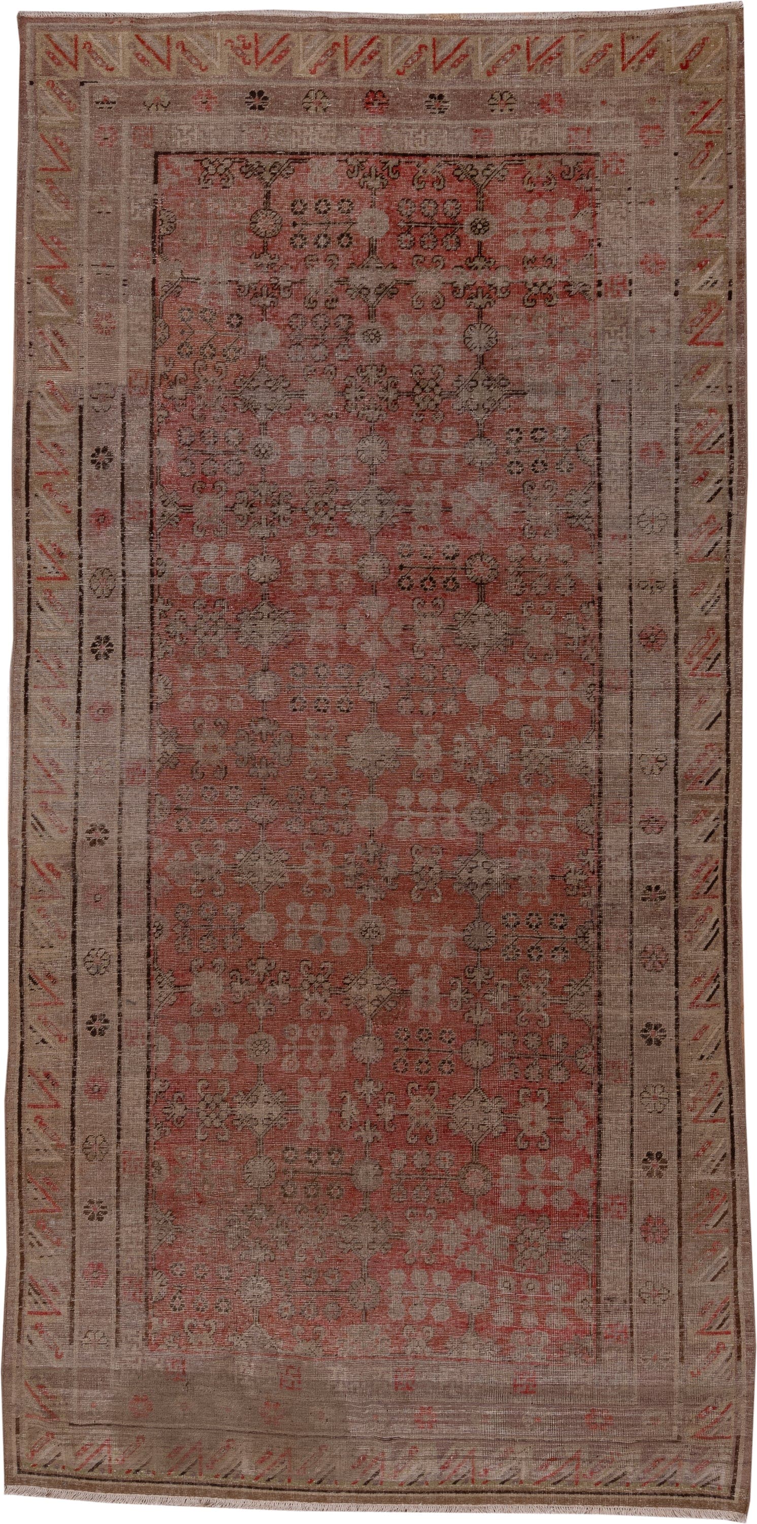 6' x 12' one-of-a-kind handmade antique Khotan large size rug. Color palette: taupe, coral, rose, camel, brown, charcoal