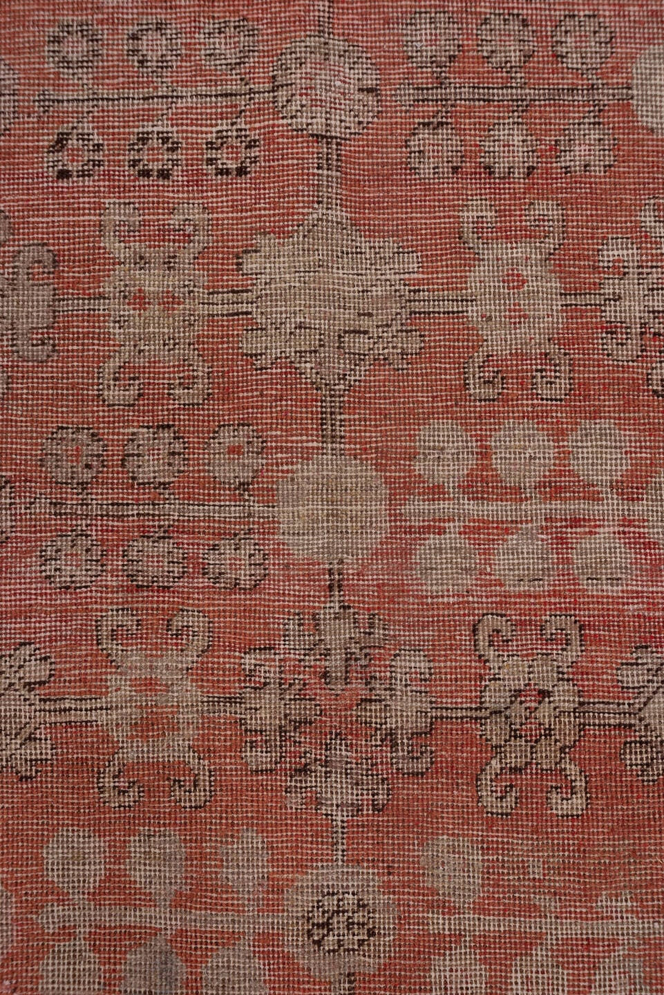6' x 12' one-of-a-kind handmade antique Khotan large size rug. Color palette: taupe, coral, rose, camel, brown, charcoal