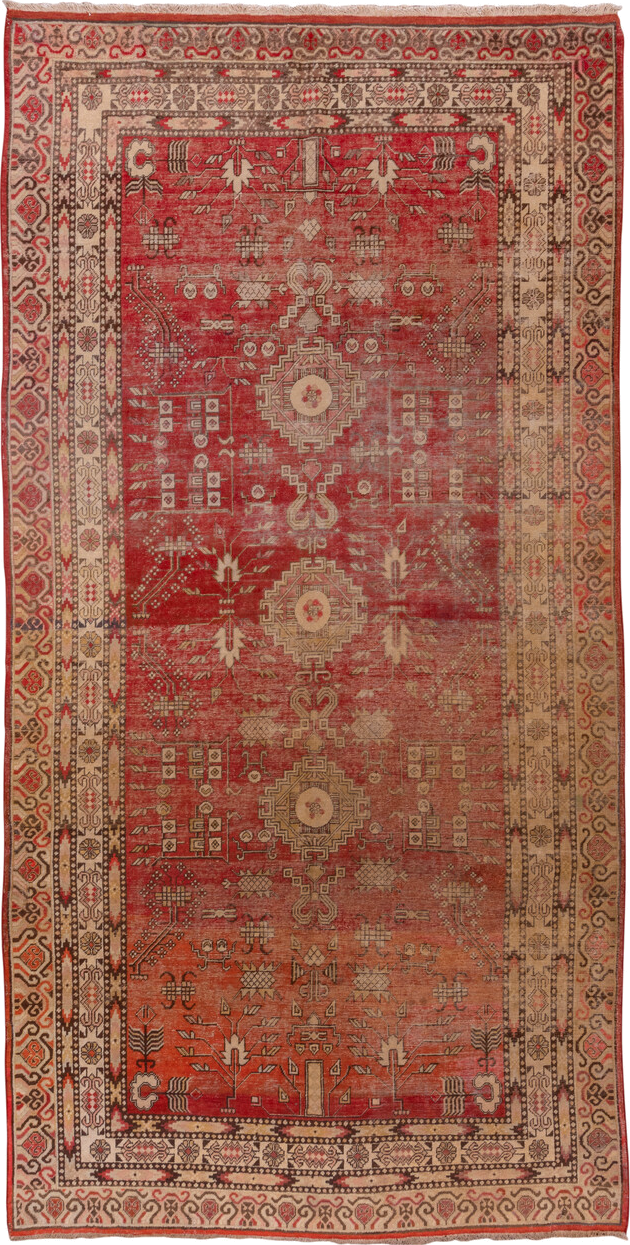 6' x 13' one-of-a-kind handmade antique Khotan large size rug. Color palette: rust, ivory, terra cotta, brown, charcoal