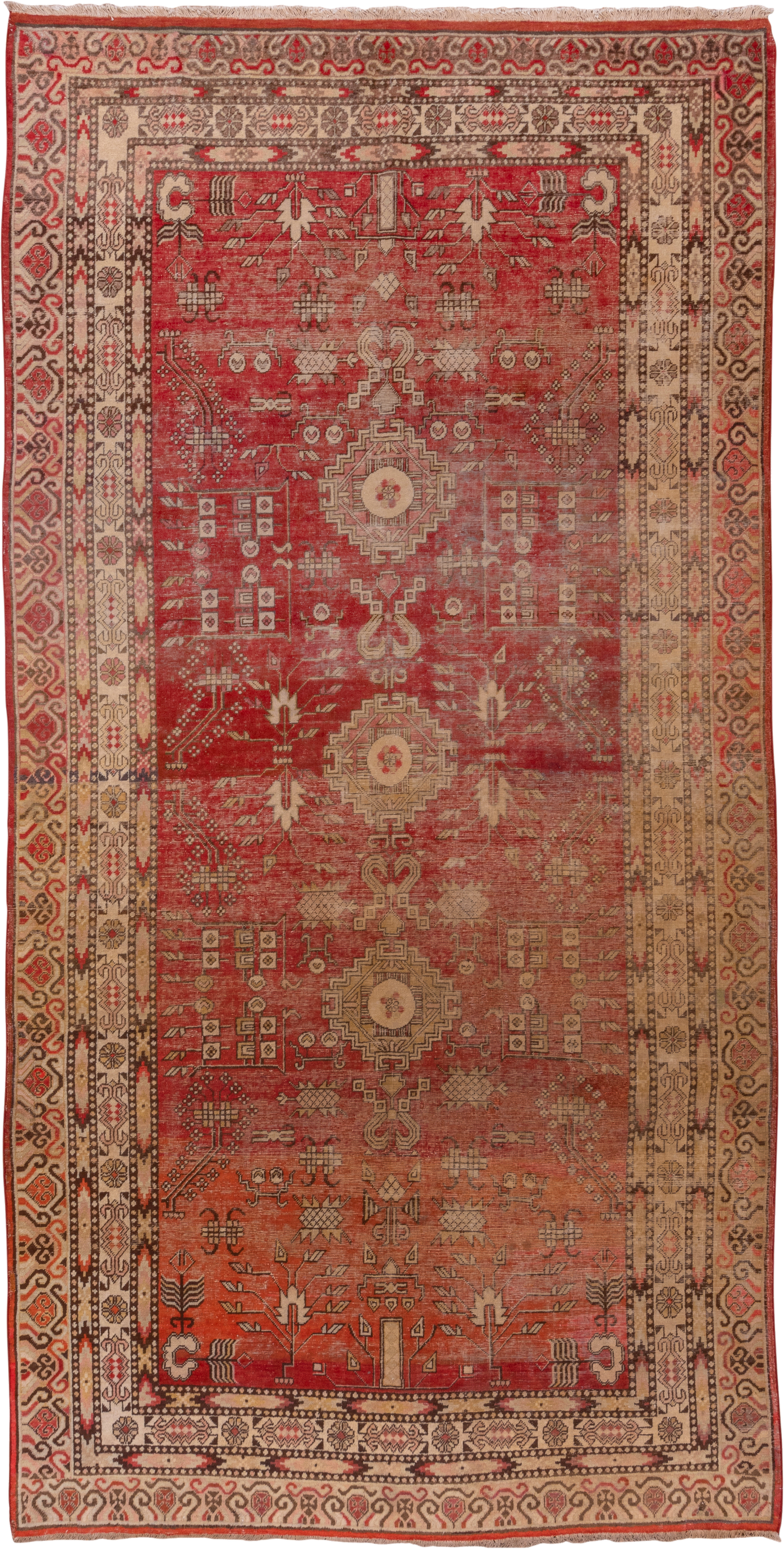 6' x 13' one-of-a-kind handmade antique Khotan large size rug. Color palette: rust, ivory, terra cotta, brown, charcoal