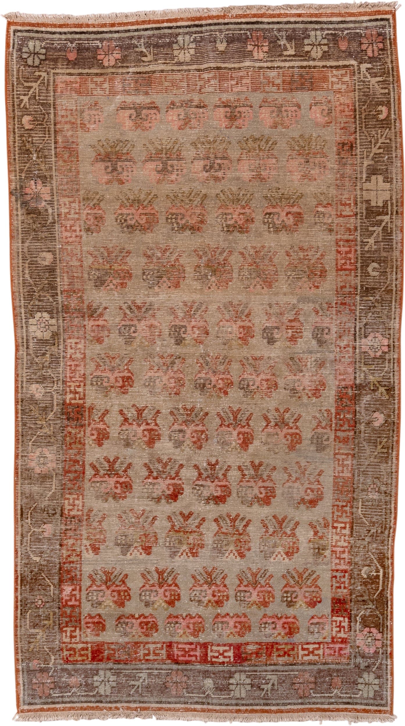 4' x 7' one-of-a-kind handmade antique Khotan rug. Color palette: ivory, taupe, rust, brown, rose, camel, beige, gray