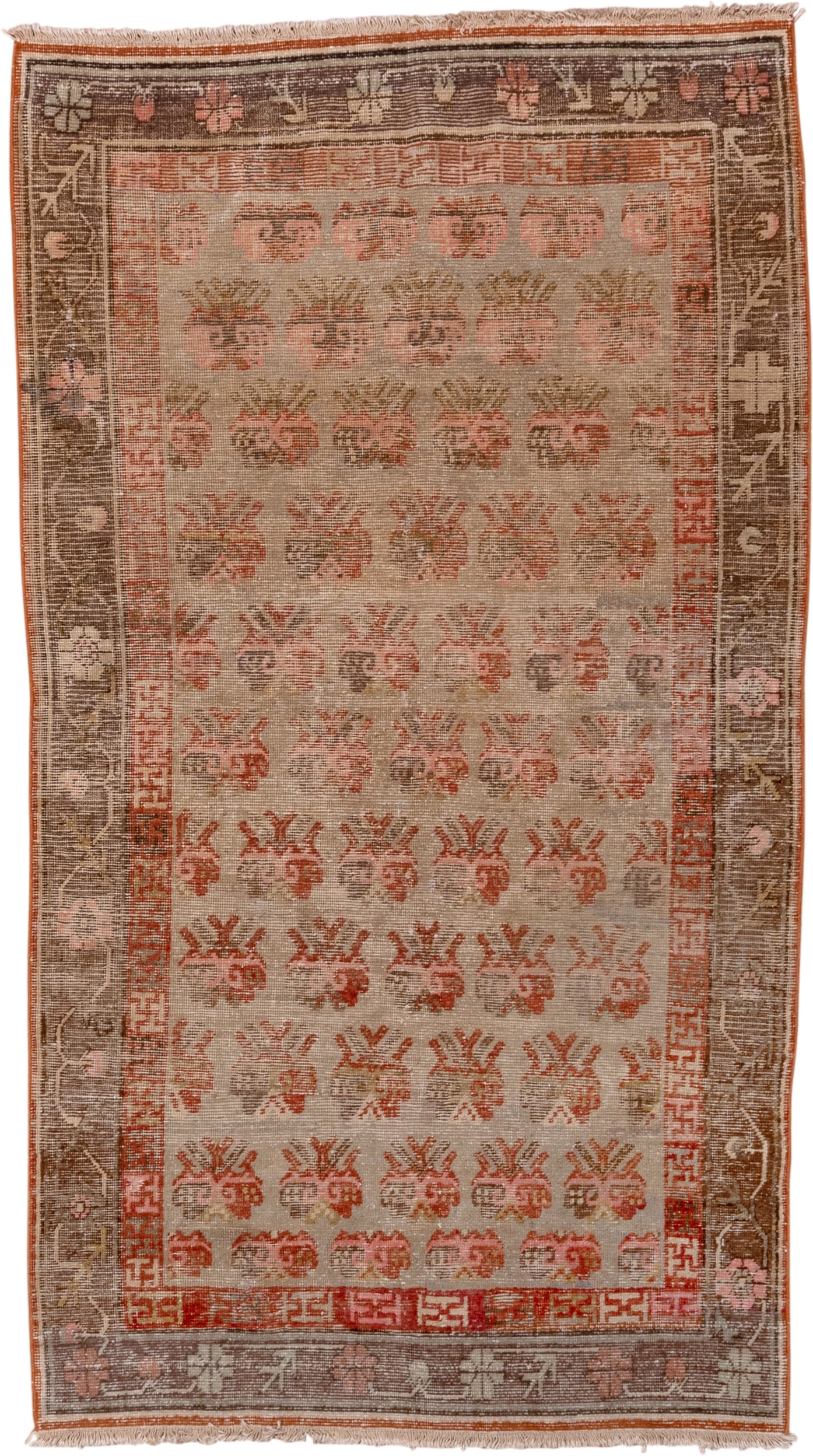 4' x 7' one-of-a-kind handmade antique Khotan rug. Color palette: ivory, taupe, rust, brown, rose, camel, beige, gray