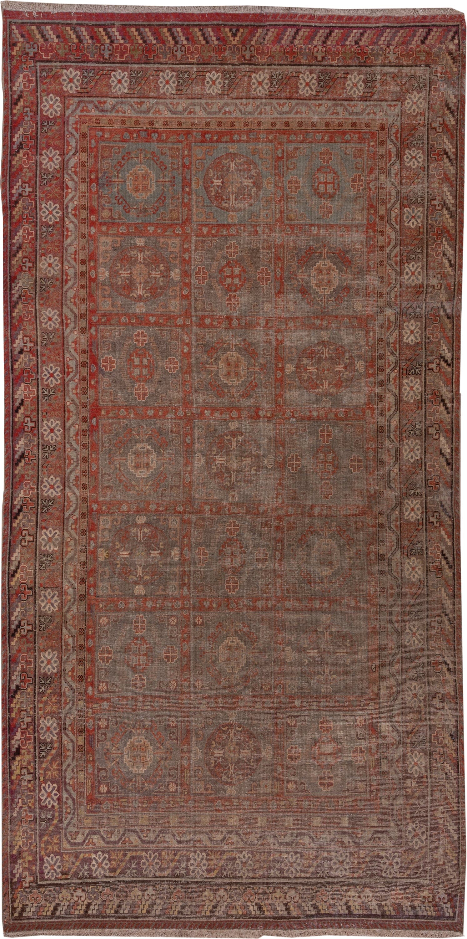 6' x 12' one-of-a-kind handmade antique Khotan large size rug. Color palette: taupe, rust, terra cotta, rose, brown, ivory