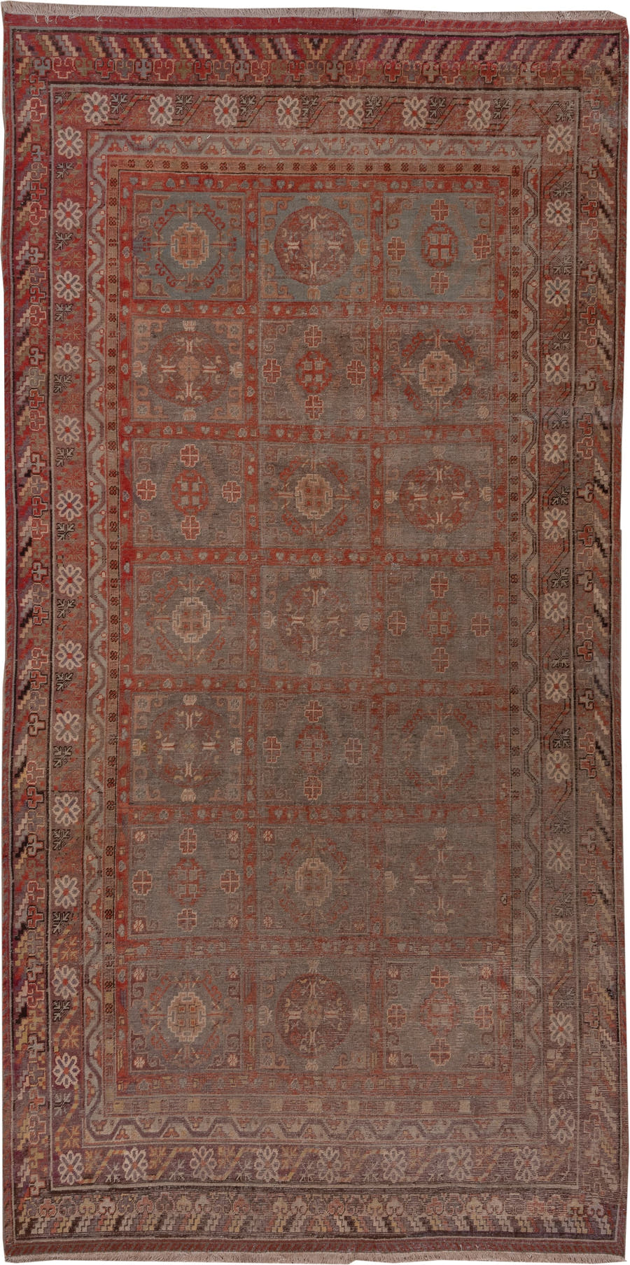 6' x 12' one-of-a-kind handmade antique Khotan large size rug. Color palette: taupe, rust, terra cotta, rose, brown, ivory