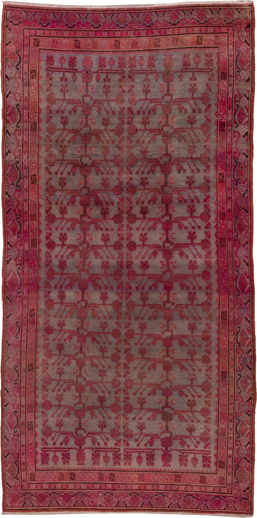 6' x 13' one-of-a-kind handmade antique Khotan large size rug. Color palette: rose, dusty mauve, terra cotta, crimson, taupe