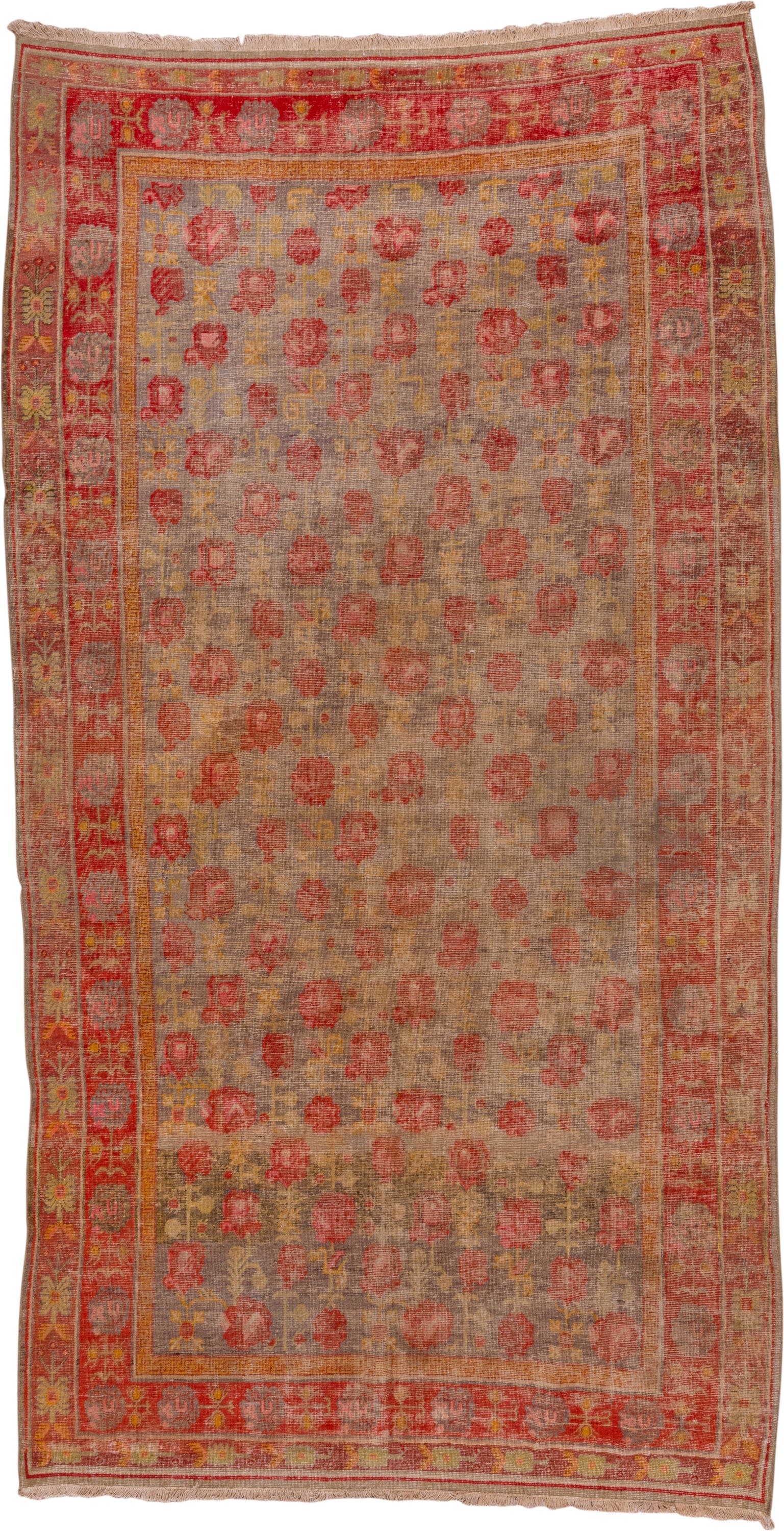 6' x 12' one-of-a-kind handmade antique Khotan large size rug. Color palette: taupe, rust, coral, terracotta, gold, rose