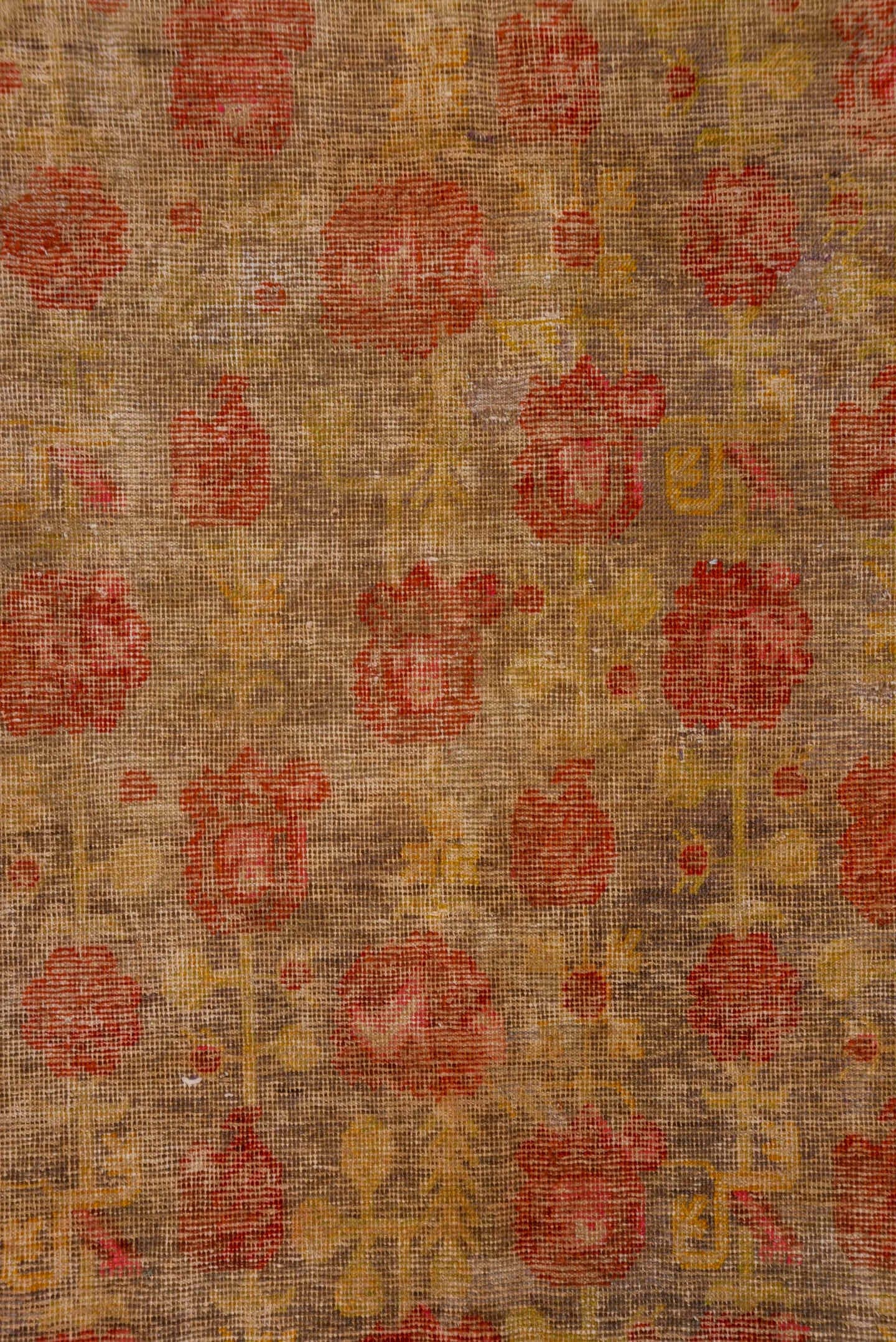 6' x 12' one-of-a-kind handmade antique Khotan large size rug. Color palette: taupe, rust, coral, terracotta, gold, rose