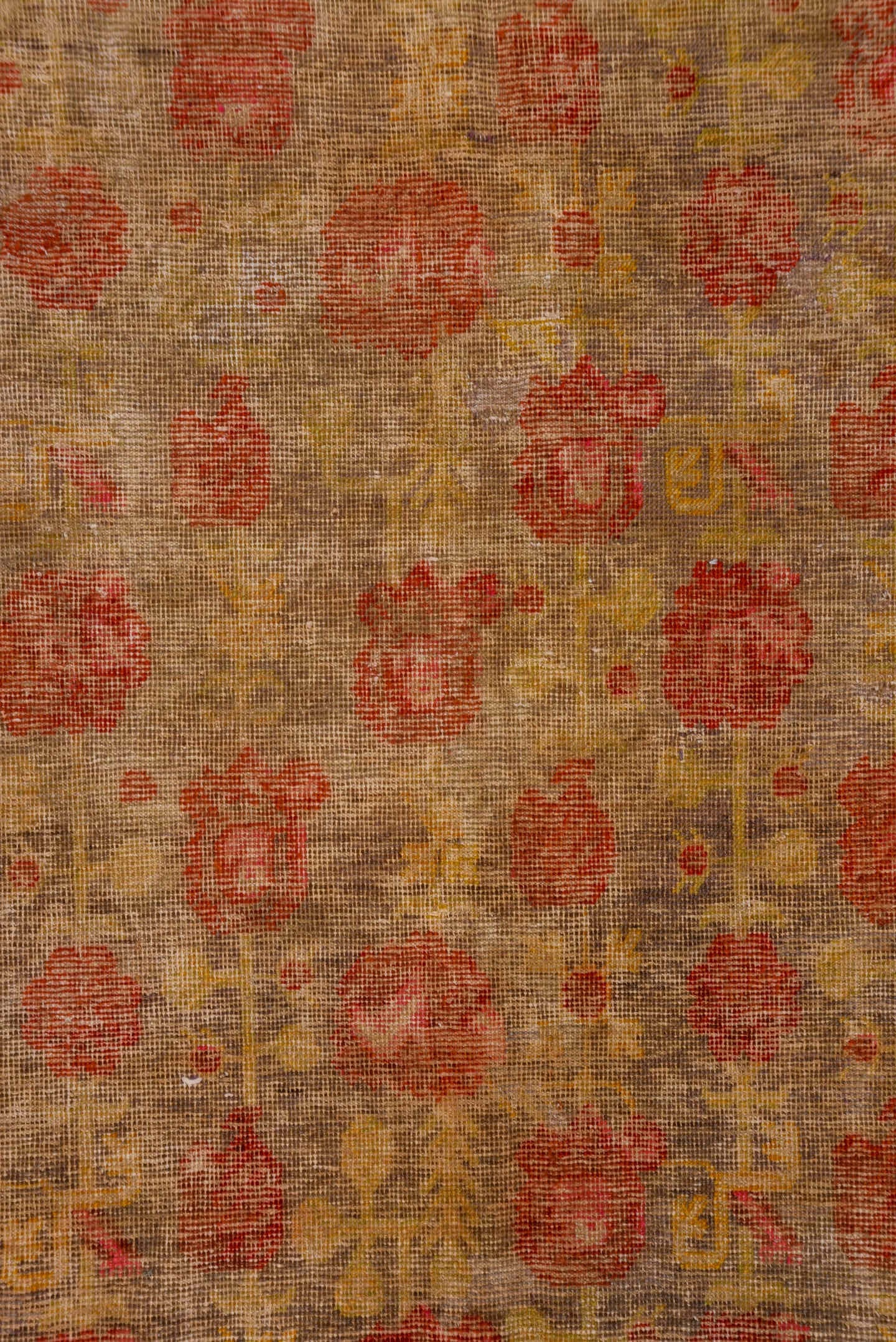 6' x 12' one-of-a-kind handmade antique Khotan large size rug. Color palette: taupe, rust, coral, terracotta, gold, rose