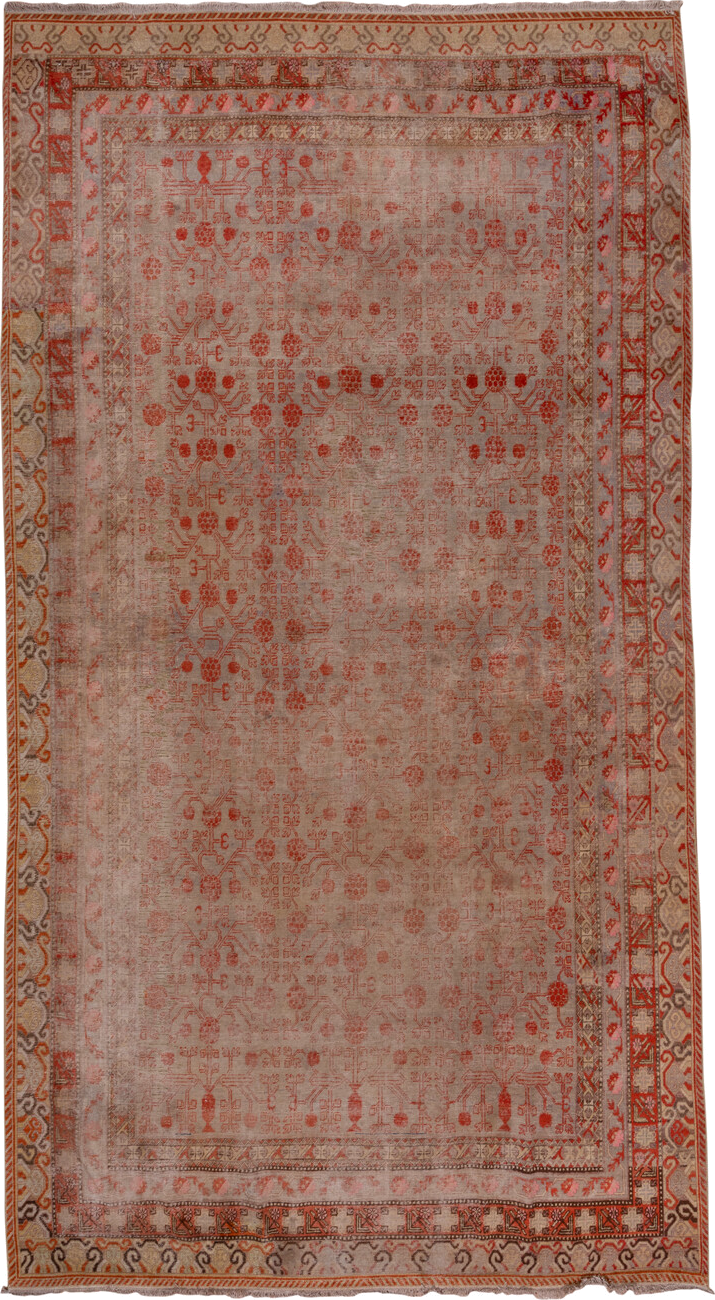 8' x 15' one-of-a-kind handmade antique Khotan rug. Color palette: blush, ivory, rust, taupe, camel, rose, sienna, pink