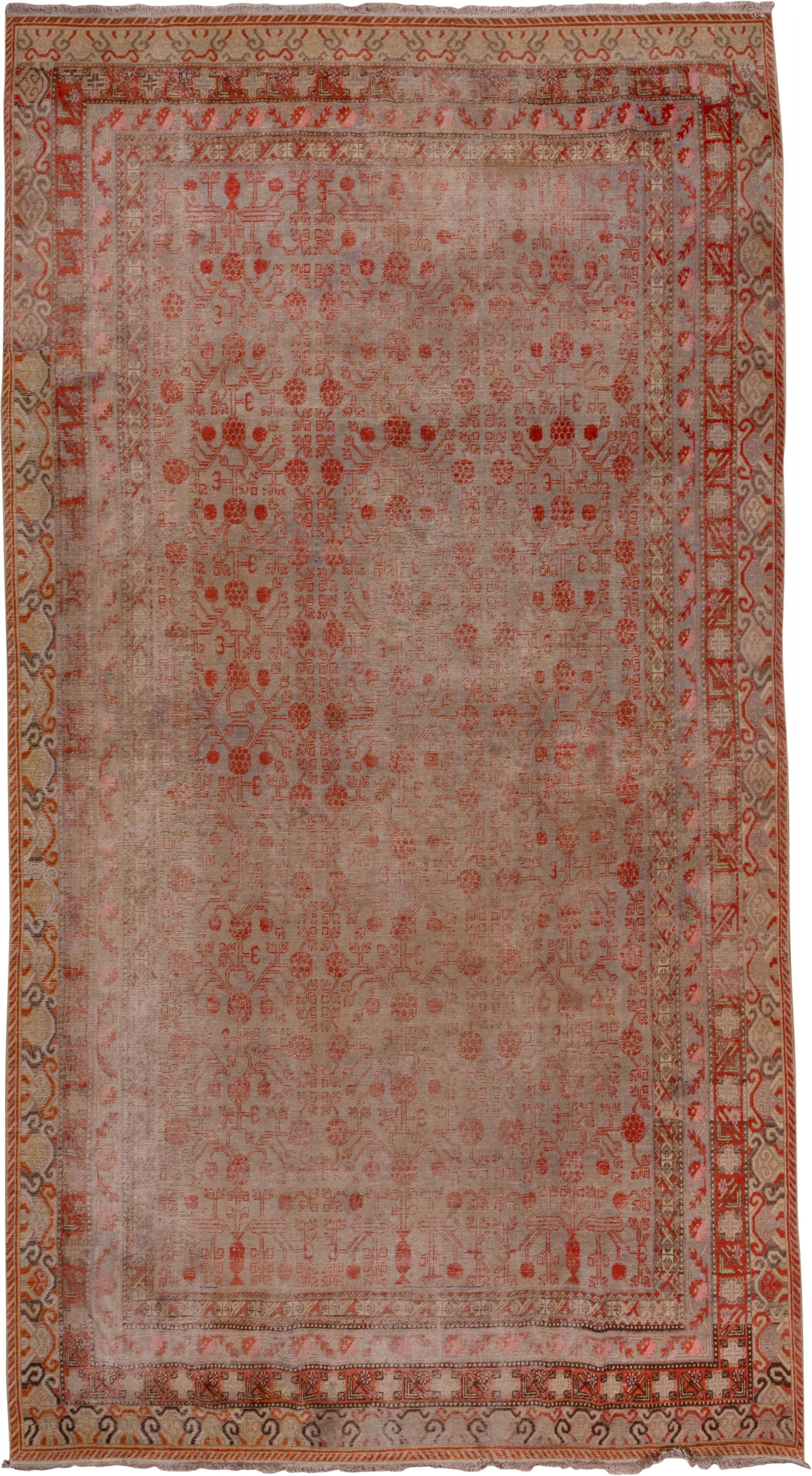 8' x 15' one-of-a-kind handmade antique Khotan rug. Color palette: blush, ivory, rust, taupe, camel, rose, sienna, pink
