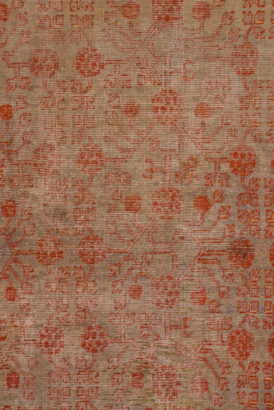 8' x 15' one-of-a-kind handmade antique Khotan rug. Color palette: blush, ivory, rust, taupe, camel, rose, sienna, pink