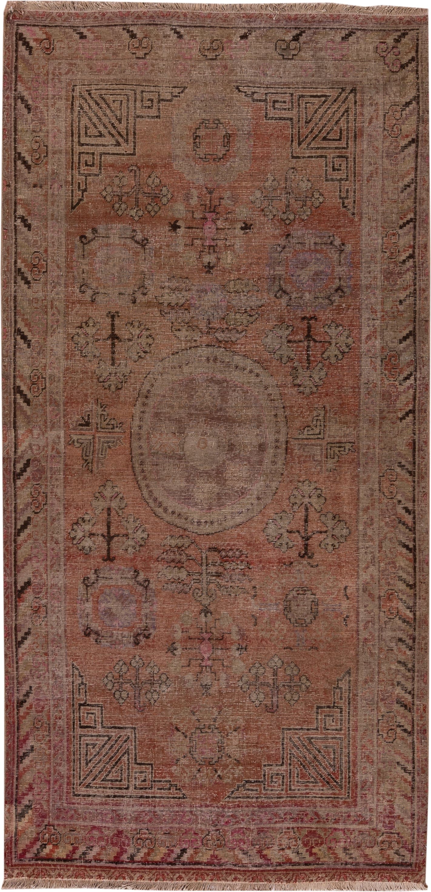 4' x 9' one-of-a-kind handmade antique Khotan runner rug. Color palette: rose, taupe, brown, dusty pink, mauve, ivory
